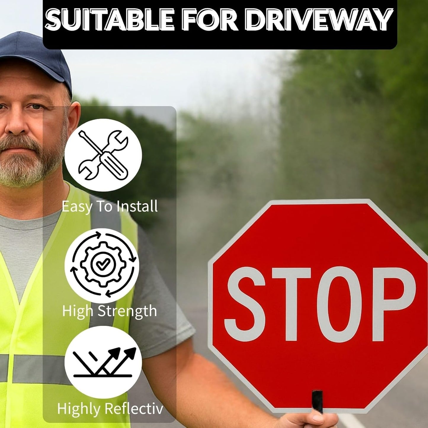 BESEA 12 Inch Handheld STOP & SLOW Sign, Double-Sided Reflective Paddle for Traffic Control, School Crossings, Construction Zones, Durable Non-Telescopic Handle, High-Visibility Safety Sign