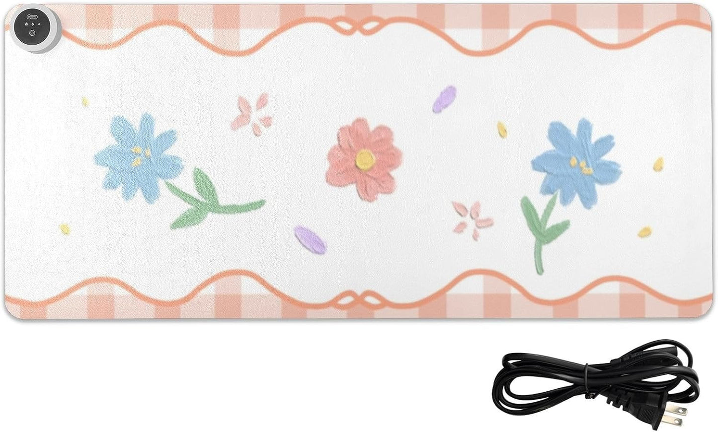 Orange Floral Plaid Heated Desk Pad Mouse Pad 31.5x13 Inch PU Leather Desk Mat with 3 Heat Levels Large Mouse Gaming Computer Laptop Mat