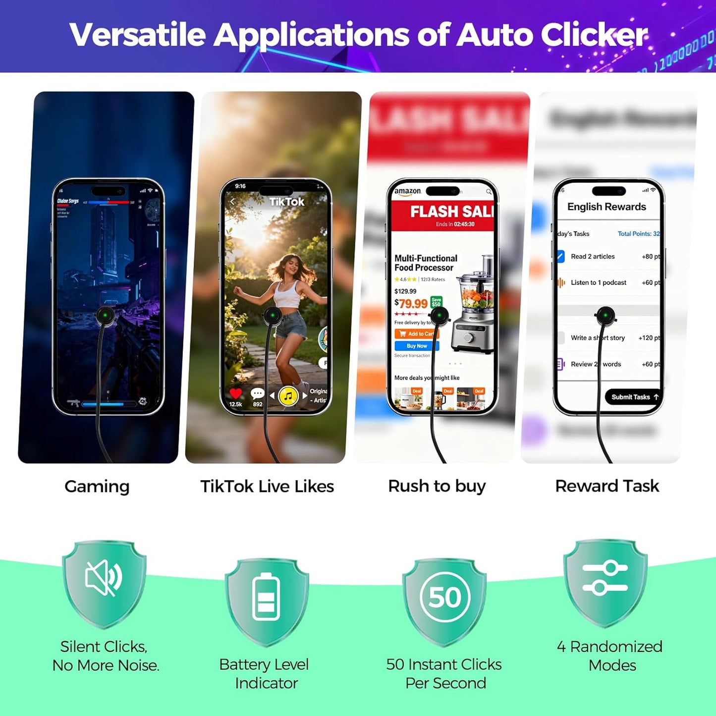 PAWFECTJEE Auto Clicker for iPhone Android, Gaming Screen Tapper with 50 Clicks/Sec, Ultra-Slow Mode, Compatible with iOS iPad, Live Likes & Rewards (Only 2 Click Head)