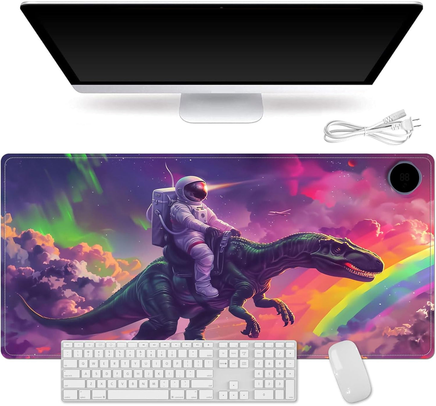 Heated Mouse Pad for Desk 31.5" x 13" – PU Leather Warm Desk Pad with 3 Heat Levels (104°F/113°F/122°F), Plug-in Electric Heating Mat with Auto Shut-Off, Waterproof & Rollable, Astronaut on Dinosaur