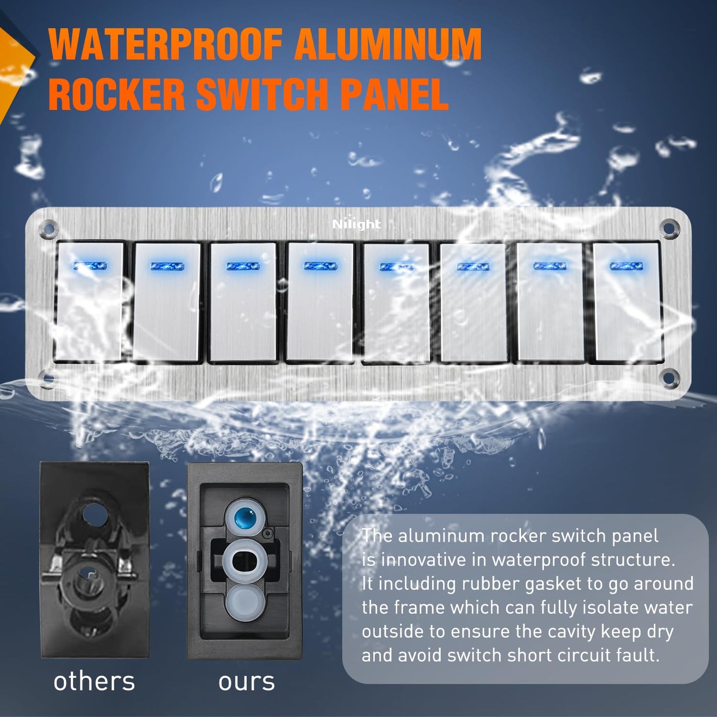 Nilight 8 Gang Rocker Switch Panel 3 Pin On Off Pre-Wired Blue LED Waterproof Aluminum with DIY Stickers for 12V 24V Automotive Cars Marine Boats UTV Truck Jeeps