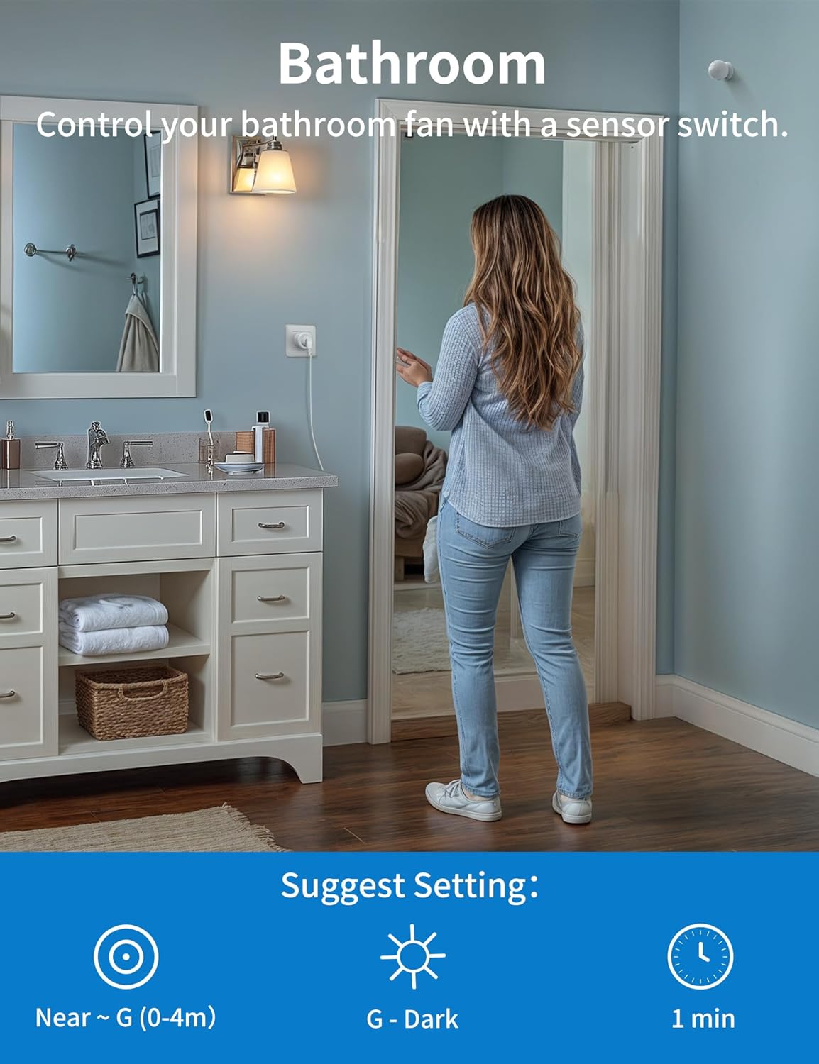 Wireless Motion Sensor Outlet Kit, 2 Sensor & 1 Outlet, Plug-N-Play PIR Motion Activated Switch with Timer, Indoor Motion Detector for Lights & Exhaust Fan of Bathroom, Garage, Laundry Room