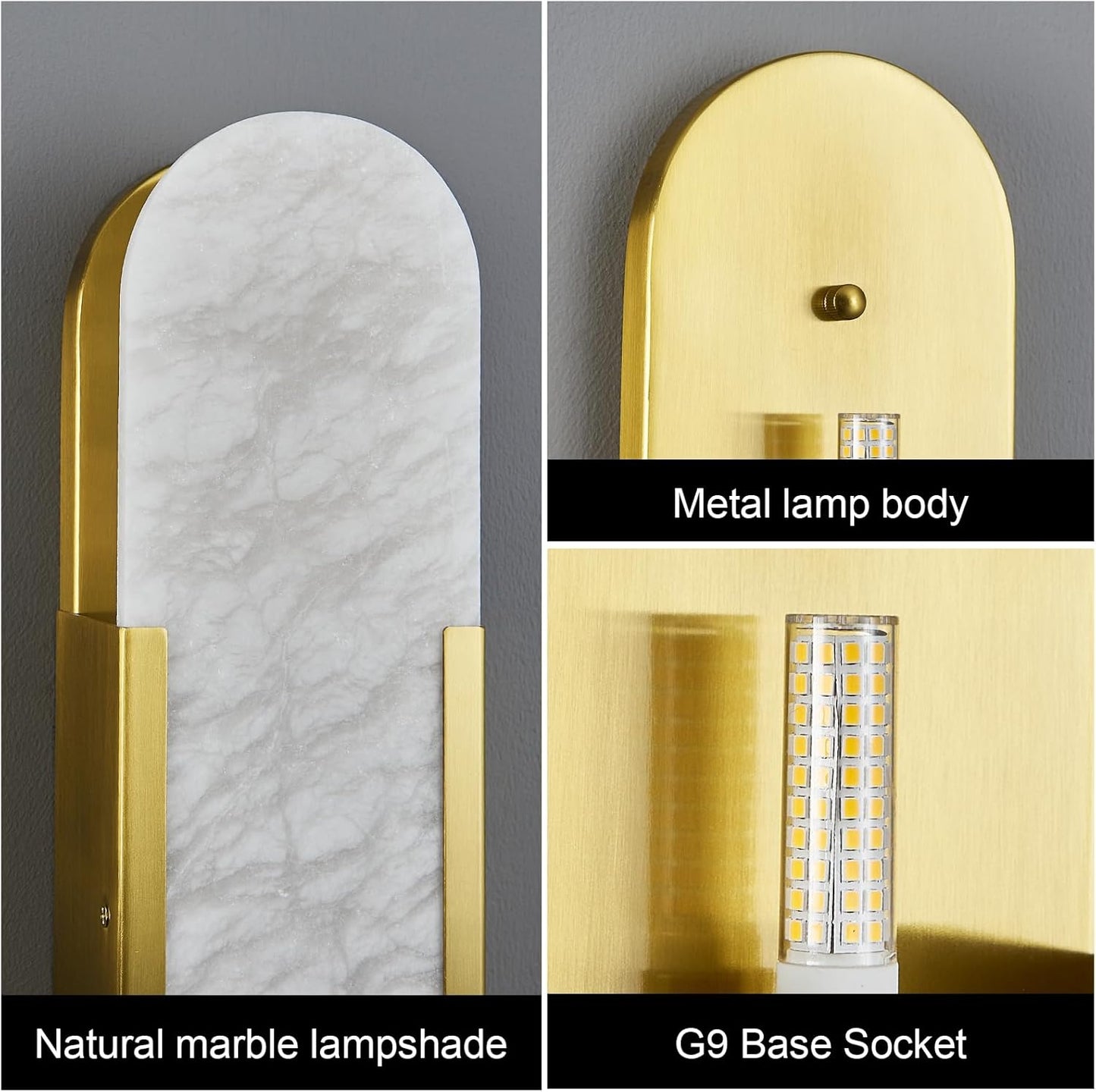Brass Alabaster Wall Sconces Set of Two, Modern Natural Marble Wall Sconces for Indoor Lighting, 19.7 in Gold Wall Lights for Bathroom Dining Room Stairs Bedroom