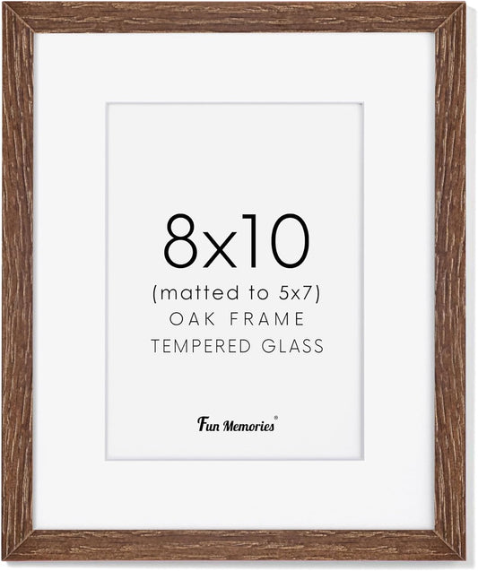 Fun Memories 8x10 Wood Picture Frame, Solid Oak Wood Frame 10x8 for Wall & Tabletop Display, 5x7 Picture Frame with Mat 8x10, 8 x 10 Photo Frame Wood with Tempered Glass, Walnut Color, 1 Pack