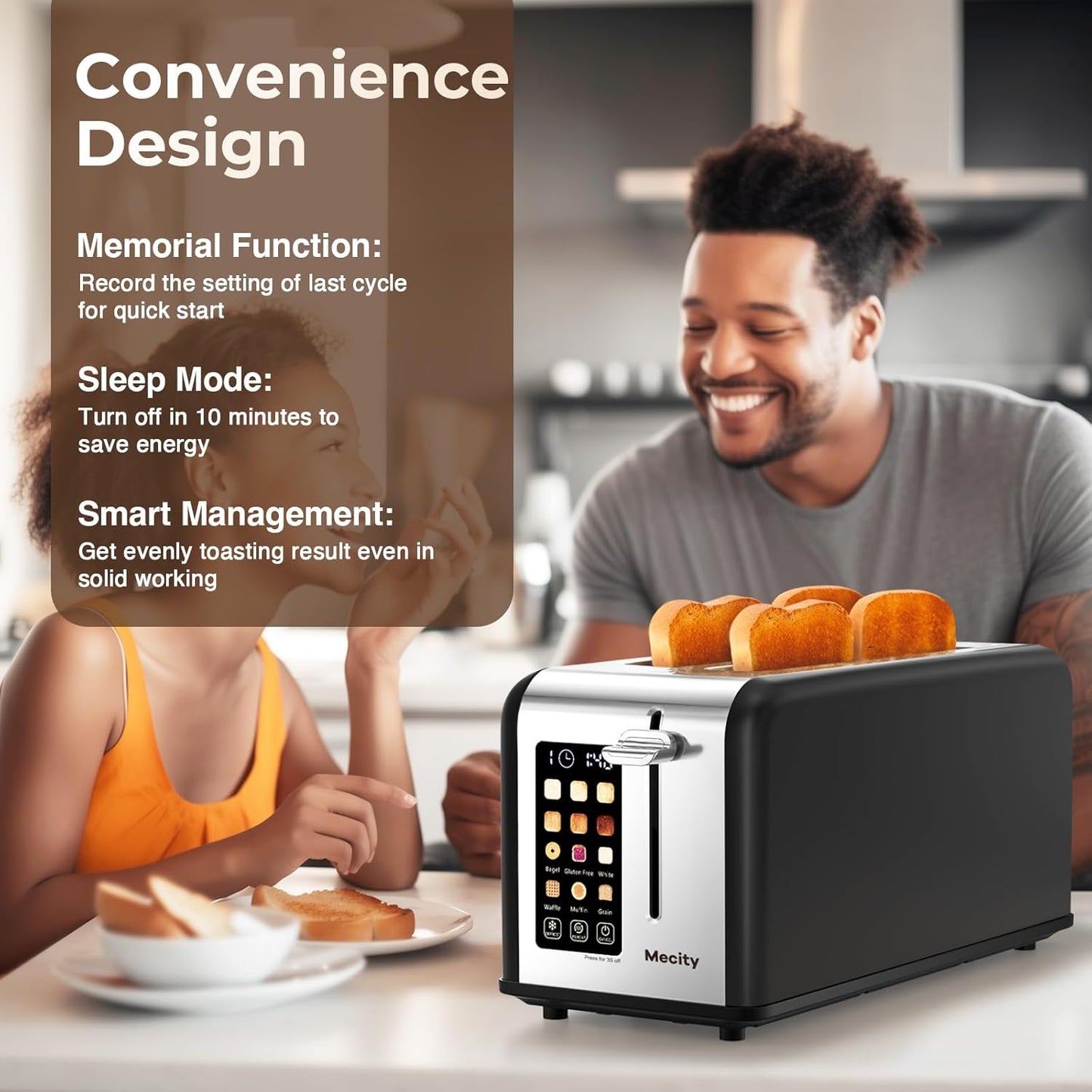 Mecity 4 Slice Toaster with Touchscreen Long Slot, Stainless Steel Smart Bread Toaster for Bagel Muffin Waffle Gluten Free Breads, Timer, Defrost, Reheat, 120V 1400W