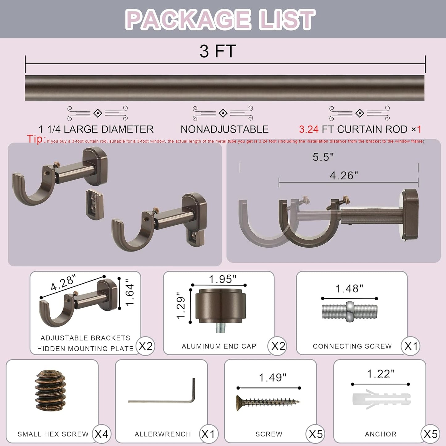 Heavy Duty Curtain Rods - 1 1/4" Large Diameter Premium Nonadjustable Curtain Rod - 36in/3ft Custom Window Treatment Rods with Durable Aluminum Brackets and End Caps,Dark Bronze Finish