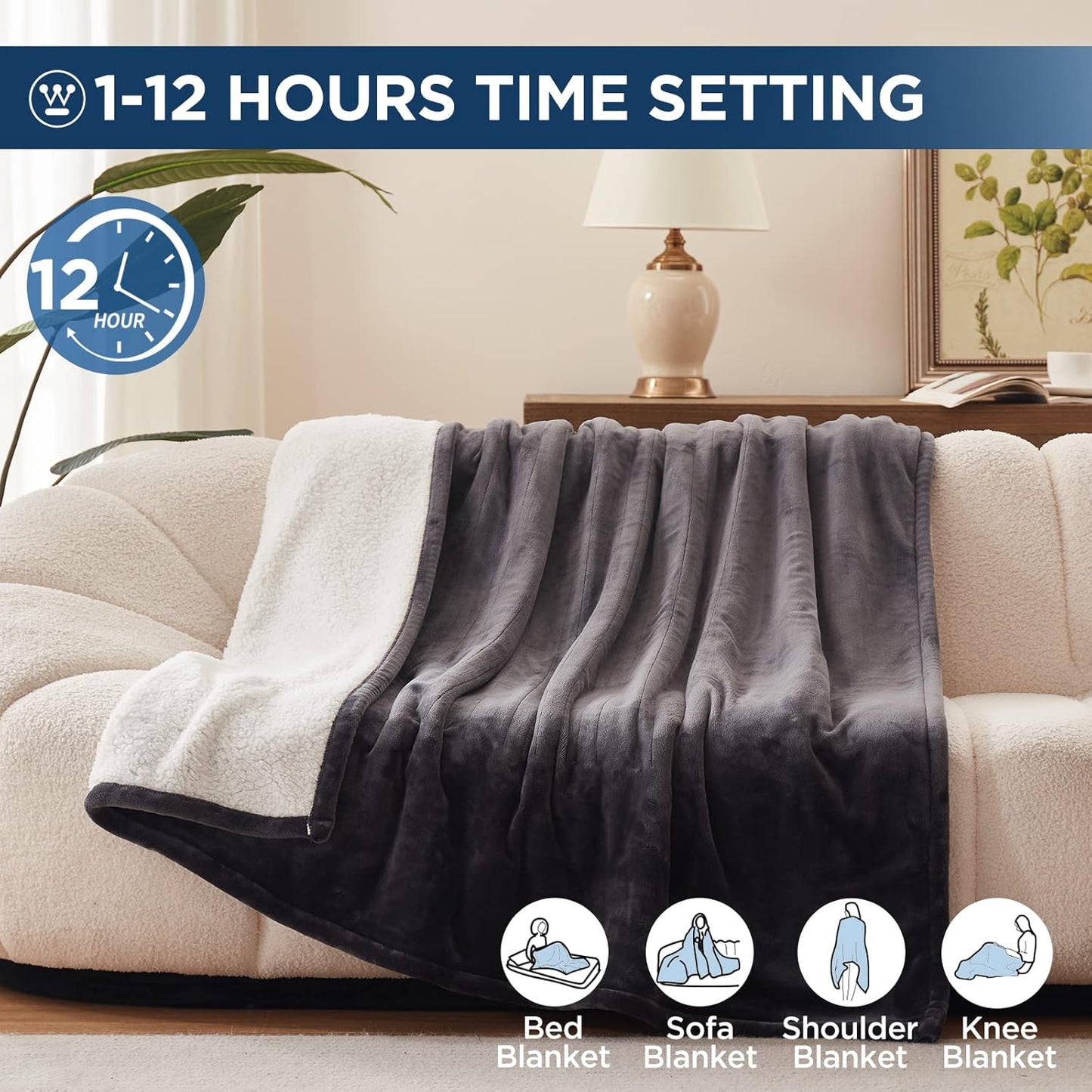 Westinghouse Electric Blanket Full, Heated Blanket Full Size with 10 Heating Levels and 1 to 12 Hours Heating Time Settings, Flannel to Sherpa Reversible, Machine Washable (80" x 84", Charcoal)