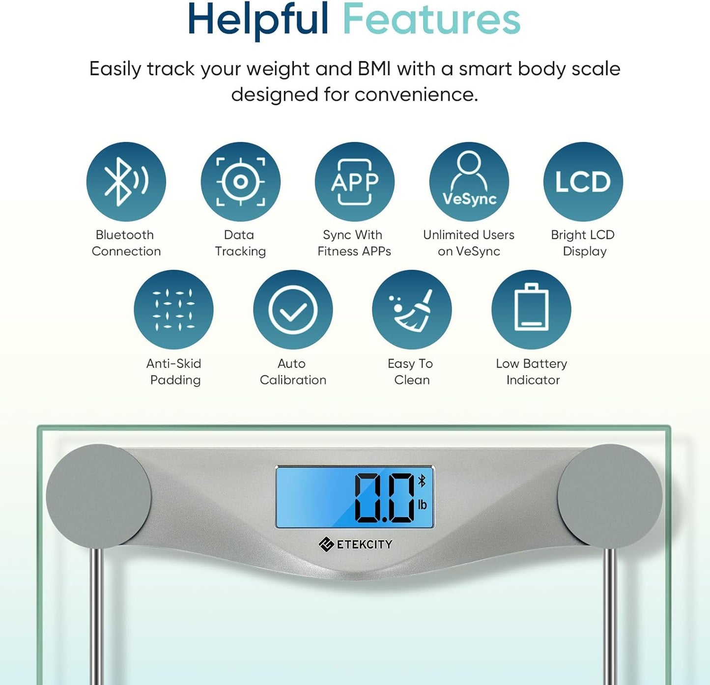 Etekcity Bathroom Scale for Body Weight and BMI, Upgraded Bluetooth Digital Scale, Large Blue LCD Backlight Display, High Precision Measurements, 400 Pounds