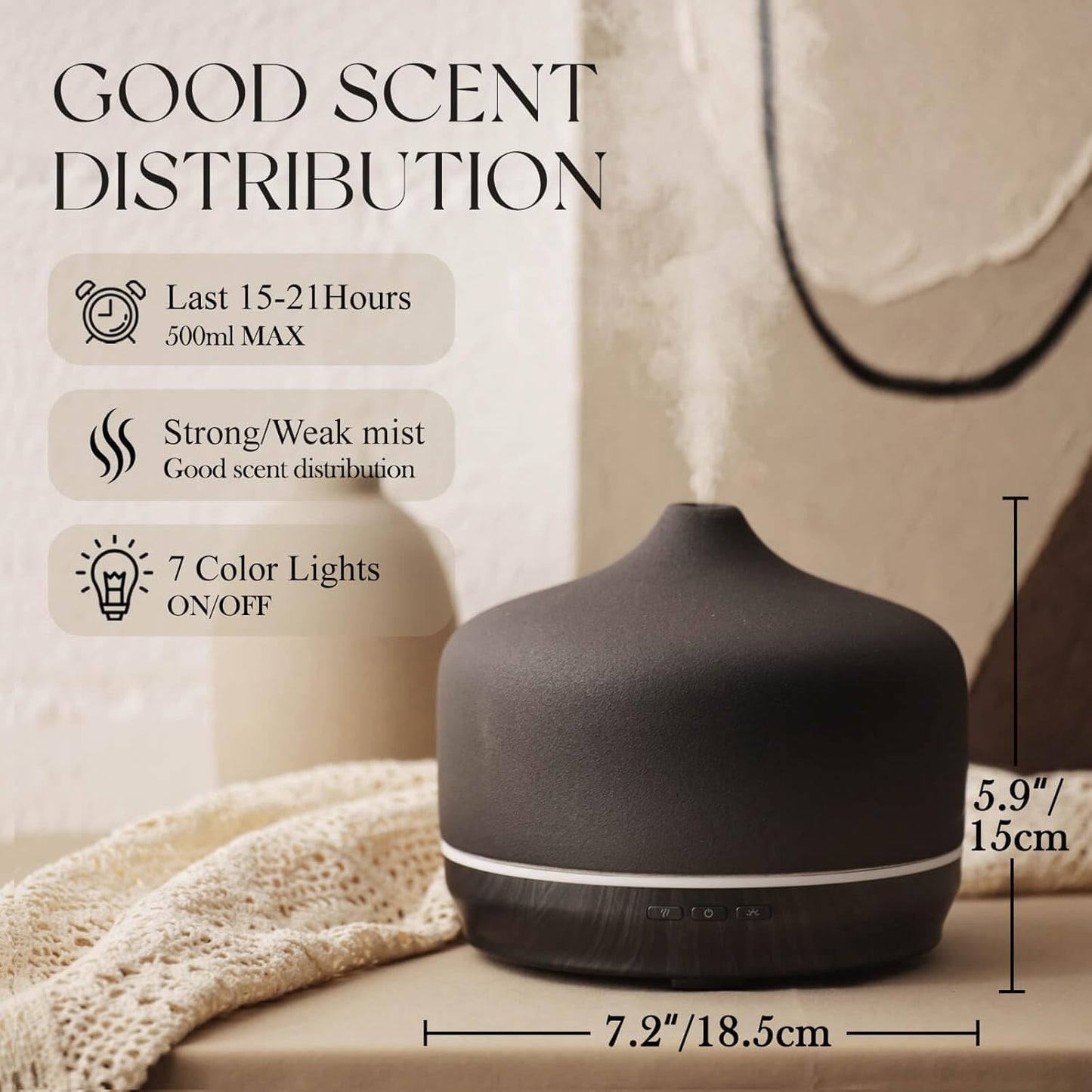 Porseme 500ml Ceramic Essential Oil Diffuser Aromatherapy Ultrasonic Cool Mist Humidifier 15-21 Running Hours Air Diffusers for Sleeping Yoga Office Working Spa and Rest (Black Ceramic)