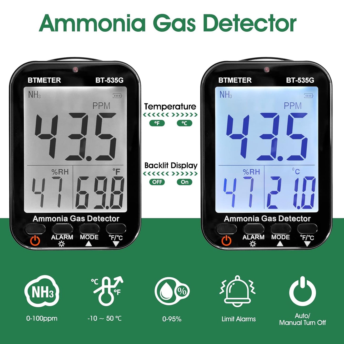 BTMETER Ammonia Gas Detector 535G, Air Quality Meter Monitor Indoor NH3 Gas 0~100 PPM, Relative Humidity and Temperature, Rechargeable Ammonia Gauge with Alarm, Backlit LCD Display