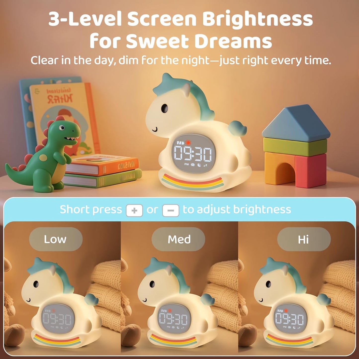 Alarm Clock with Night Light for Kids with Sleep Training and Sound Machine, Rechargeable Silicone Lamp OK to Wake Clock，Cute Animal Tabletop Lamp, Perfect Sleep Companion for Boys Girls，Blue Pony