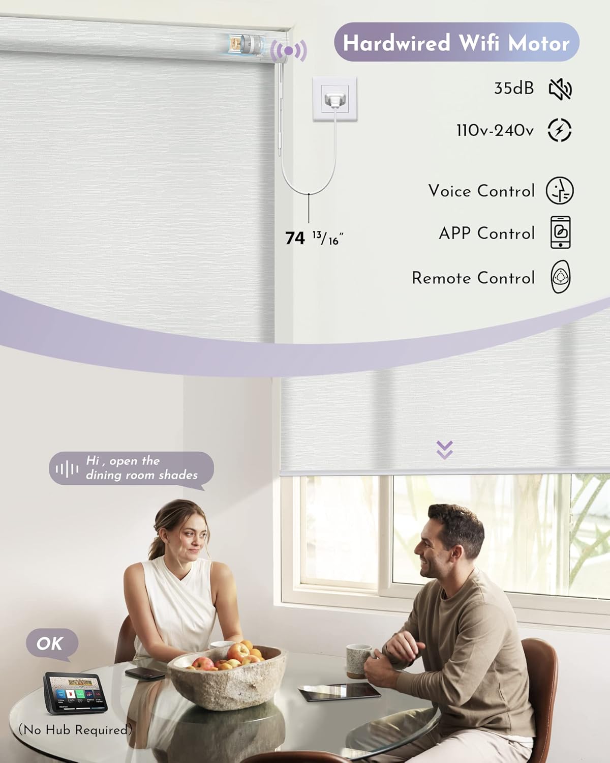 Graywind Motorized Light Filtering Shades Compatible with Alexa Google Hardwired WiFi Smart Half Shading Remote Control Automated Blinds Electric Window Shades, Custom Size (Jacquard White)