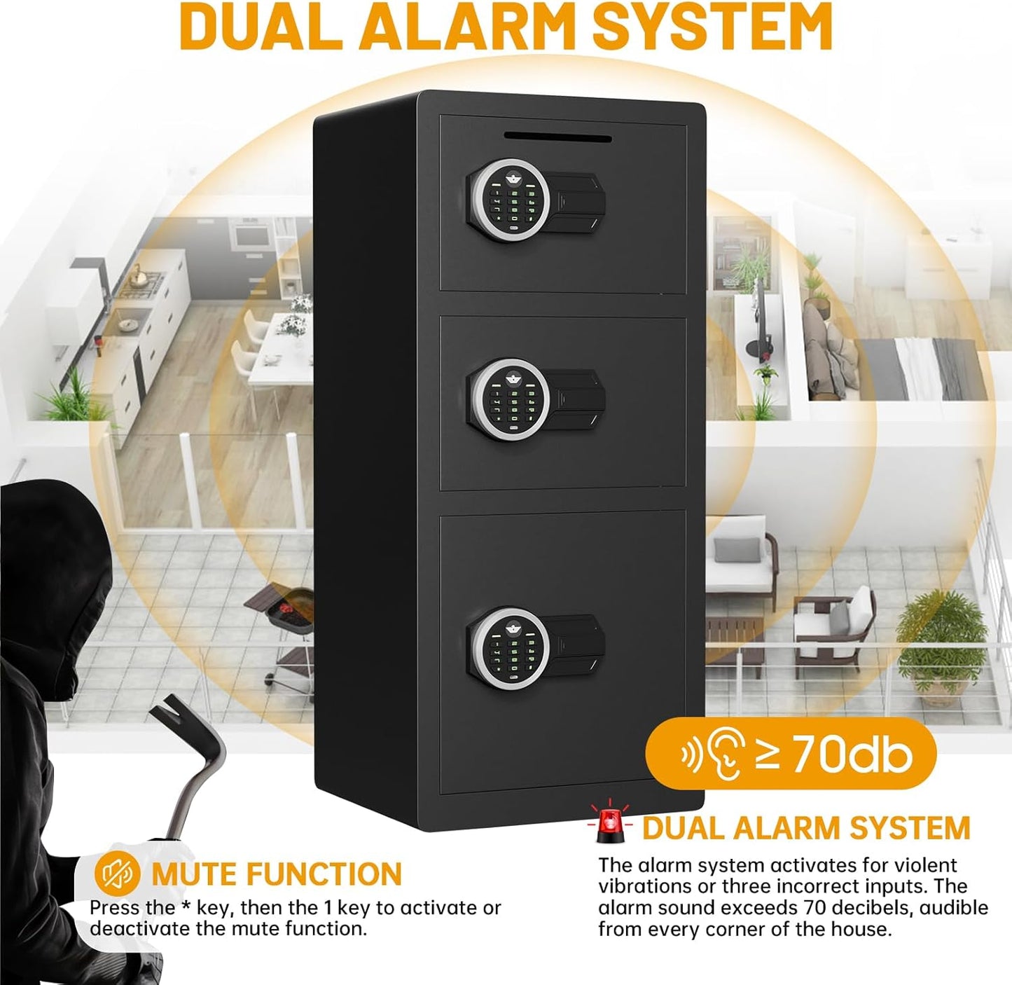 8.0 Cu ft Extra Large Home Safe Box 3 Door Money Safes - Fireproof & Waterproof Digital Safe with Dual Alarm, Drop Slot, Backlit Keypad & Adjustable Shelf for Home, Office, Hotel