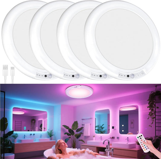 maylit Shower Lights 4 Pack, RGBW Rechargeable Ceiling Light, Waterproof Battery Operated Lamp, Wireless Stick on Inside Motion Sensor Mood LED Lighting for Bathroom No Wiring, Indoor