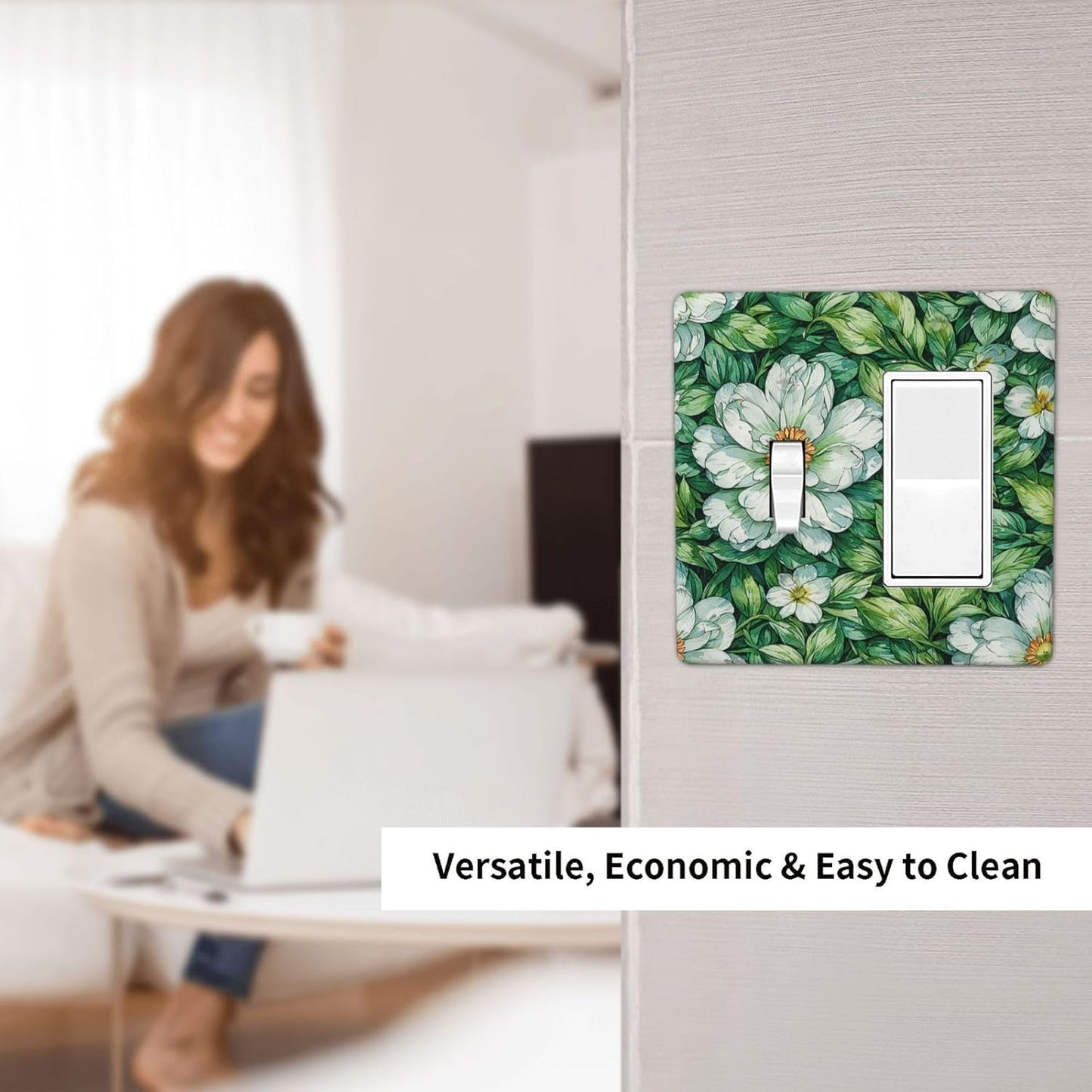 Vintage Floral White Flowers Green Plants Leaves Outlet Covers 1 Toggle 1 Rocker Combination Light Switch Cover Plate Decorative Wall Plate Electrical Switch Plates for Bedroom Bathroom