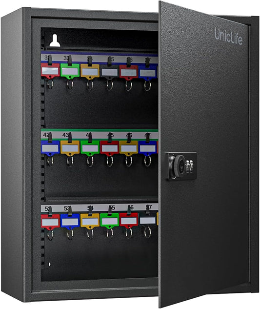 Uniclife 60 Position Key Cabinet Steel Security Storage Box with Combination & Key Lock, Resettable, Digital, Adjustable Racks, Colorful Labels & Hooks