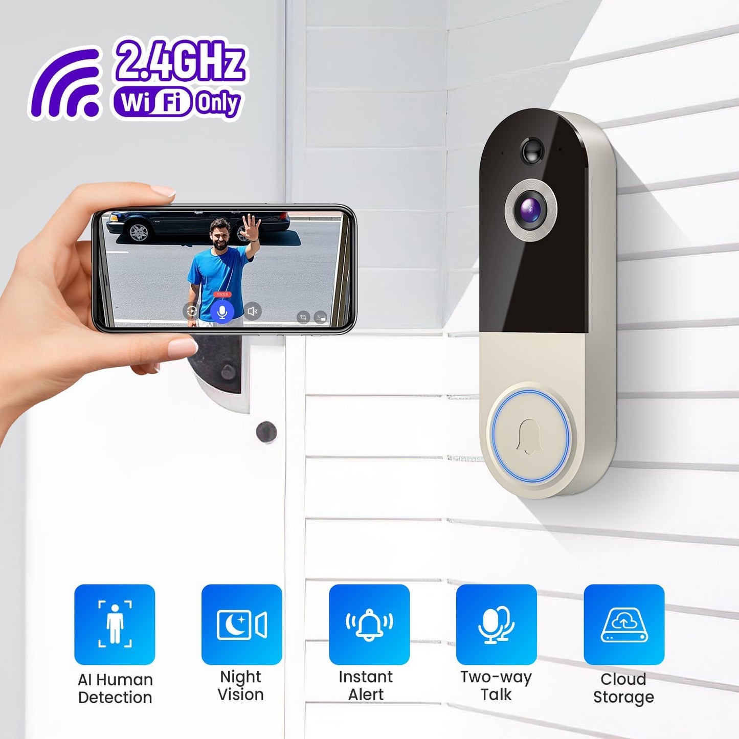 1080p Wireless Video Doorbell Camera, Smart Outdoor Surveillance Cam, Live View, Cloud Storage, AI Human Detection, Instant Alerts, Night Vision, Two Way Audio, 2.4G WiFi Only