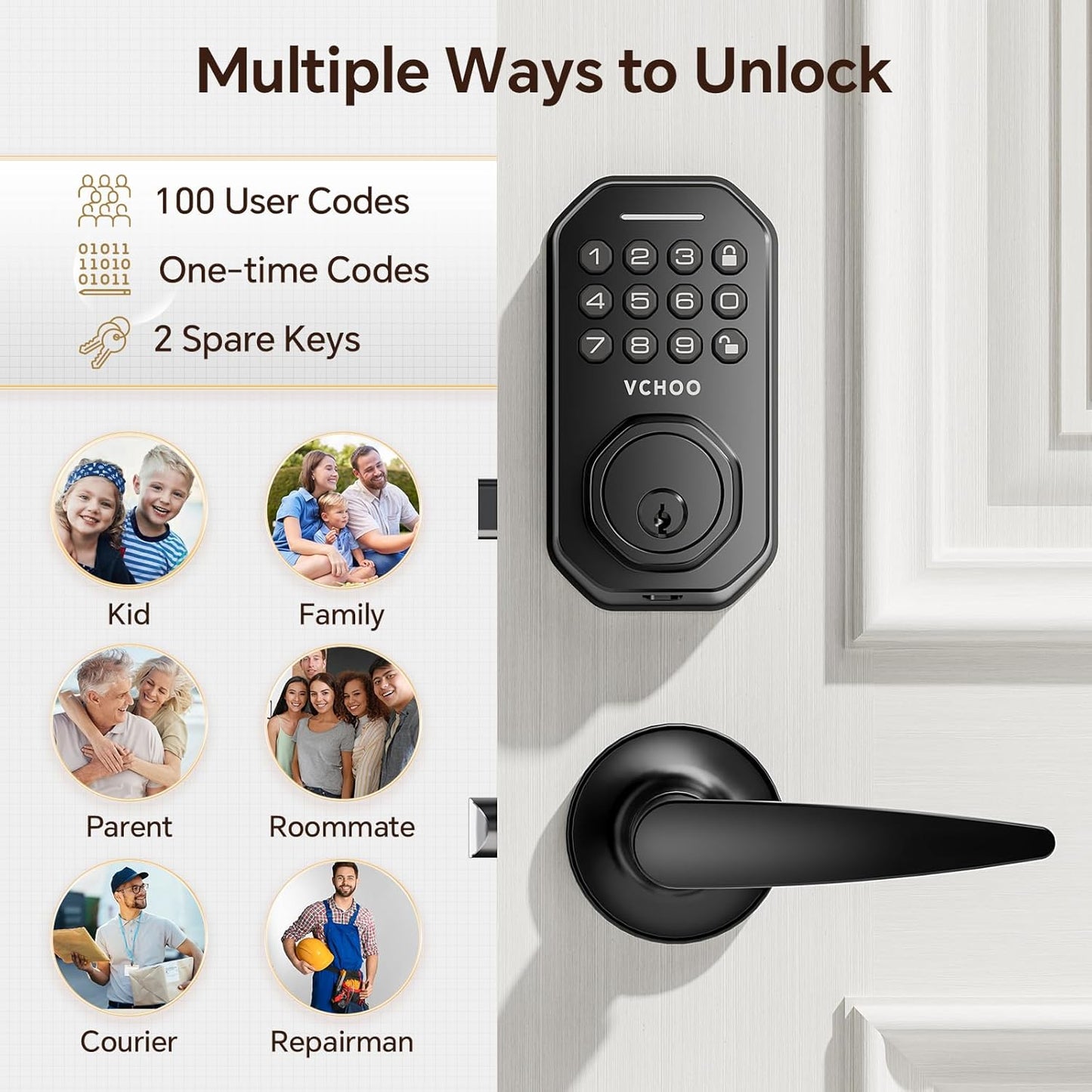 Keyless Entry Door Lock Set Smart Locks for Front Keypad Door Lock with Handle Automatic Lock One Time Password Anti Peeping Password IP54, Black