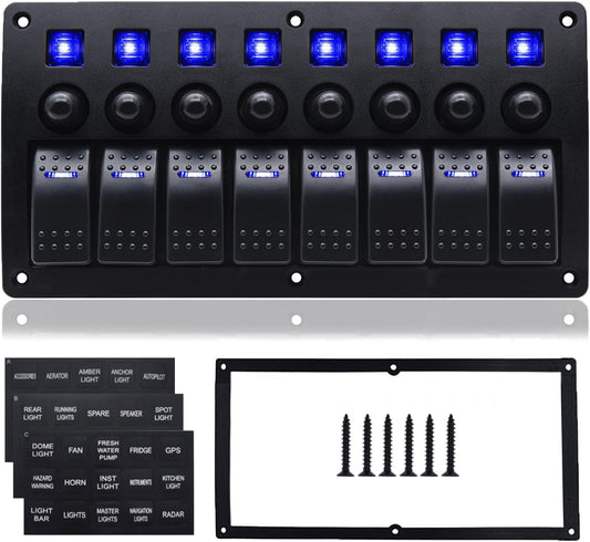 8 Gang Marine Switch Panel, Boat Rocker Switch Panel Waterproof, 12V Aluminum Switch Panel, Marine Toggle Switches ON/Off with Circuit Breaker 5A 10A 15A for Car RV Truck (Blue)