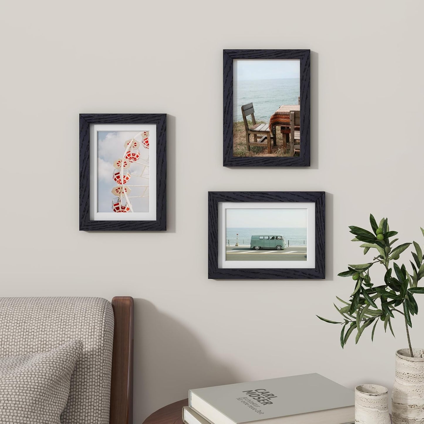 5x7 Picture Frame, Solid Oak Wood 5 x 7 Frame with Plexiglass, 5 by 7 Photo Frame for Wall & Tabletop Display, 5x7 Picture Frame Matted to 4x6, Black Color, 3 Pack