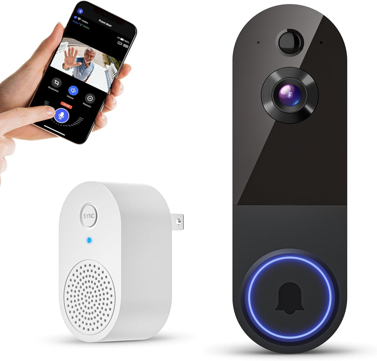 1080p Wireless Video Doorbell Camera, Live View, Night Vision, Two Way Audio, Cloud Storage, AI Motion Detection, Indoor/Outdoor Surveillance, Battery Powered, 2.4G WiFi Only