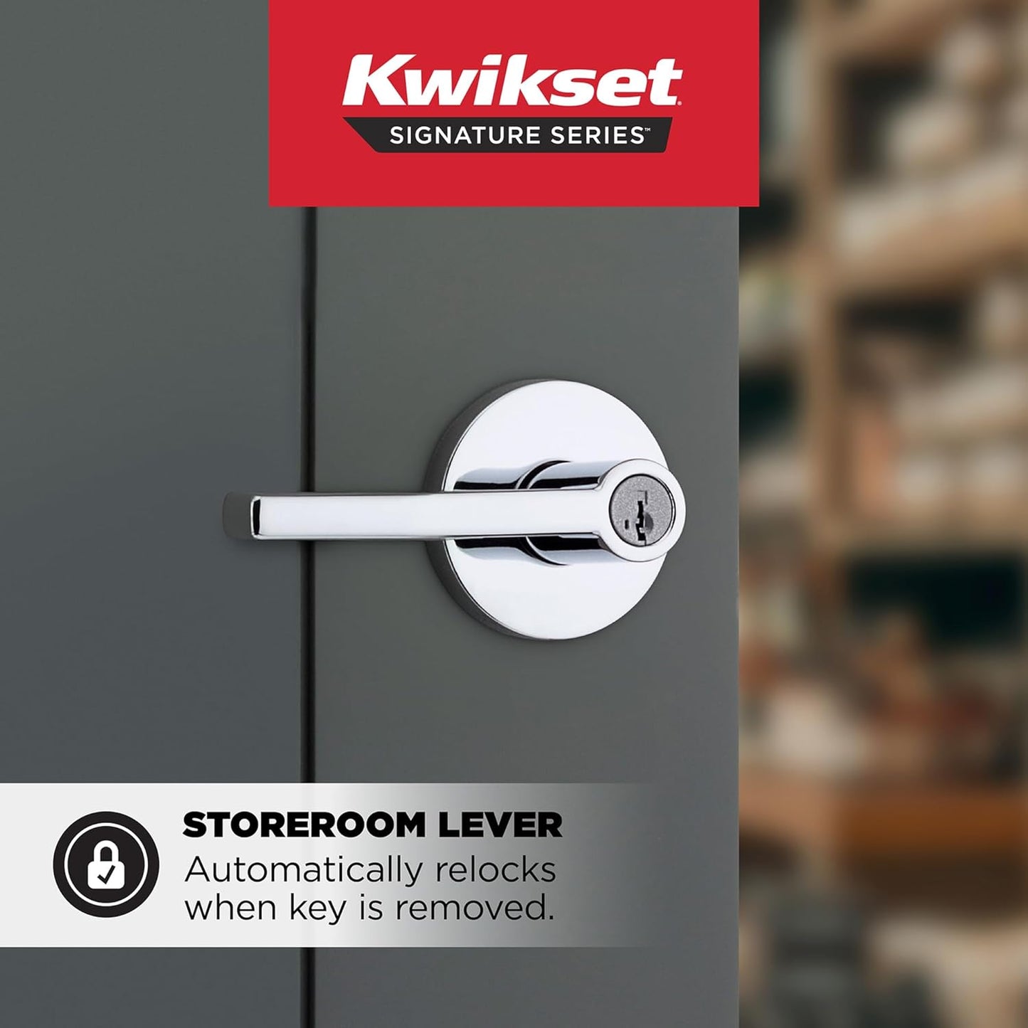Kwikset Halifax Keyed Storeroom Entry Door Handle with Lock and Key, Secure Keyed Reversible Lever Exterior, for Front Entrance and Bedrooms, Polished Chrome, Pick Resistant Smartkey Rekey Security