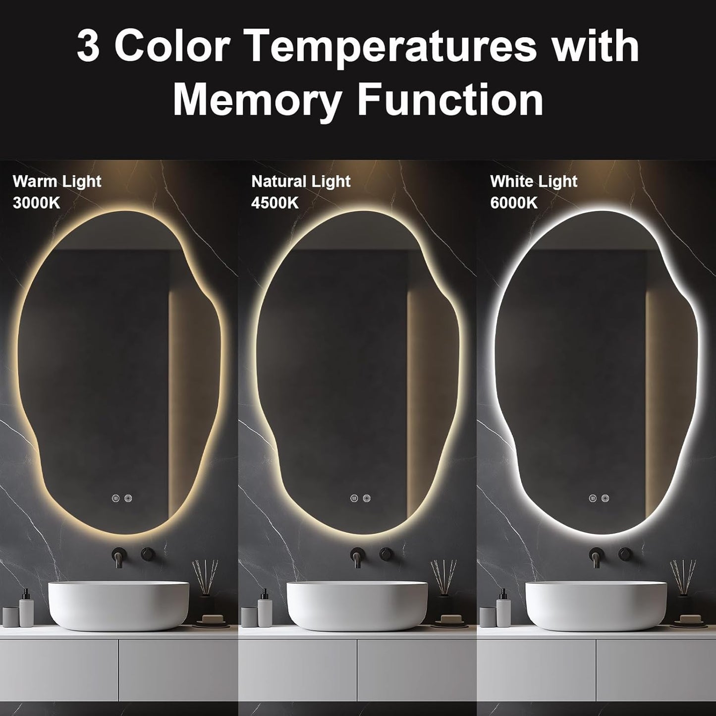 Asymmetrical LED Bathroom Mirror with Lights,Irregular Led Bathroom Vanity Mirror for Wall with Backlit, Anti Fog, 3 Colors and Dimmable Light,[Horizontal/Vertical] 48" H x 30" W