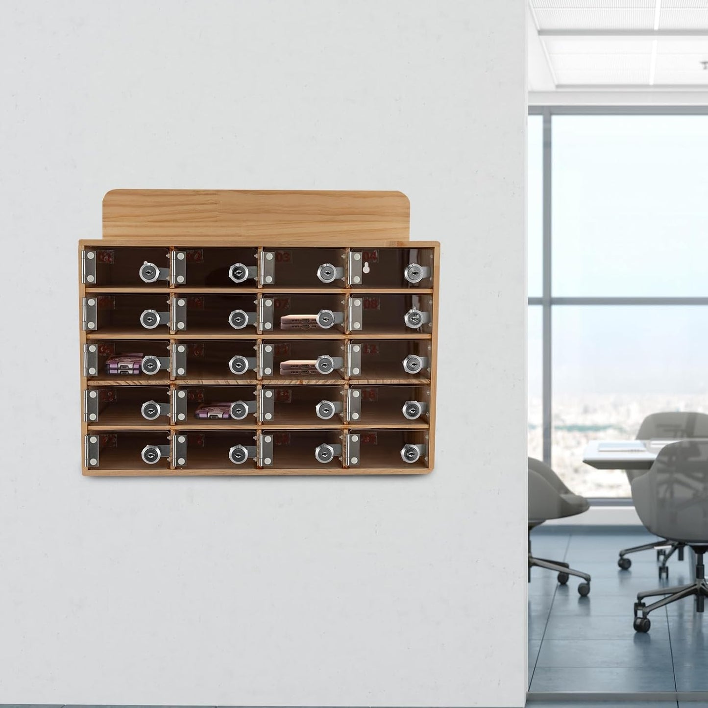 Cell Phone Locker Box 20 Slots Cell Phone Organizer Cabinet with Combination Locks Wall-Mounted Locking Cell Phone Storage Box for Classroom Office,Shool,Office (20 Slots, Wood+Acrylic)