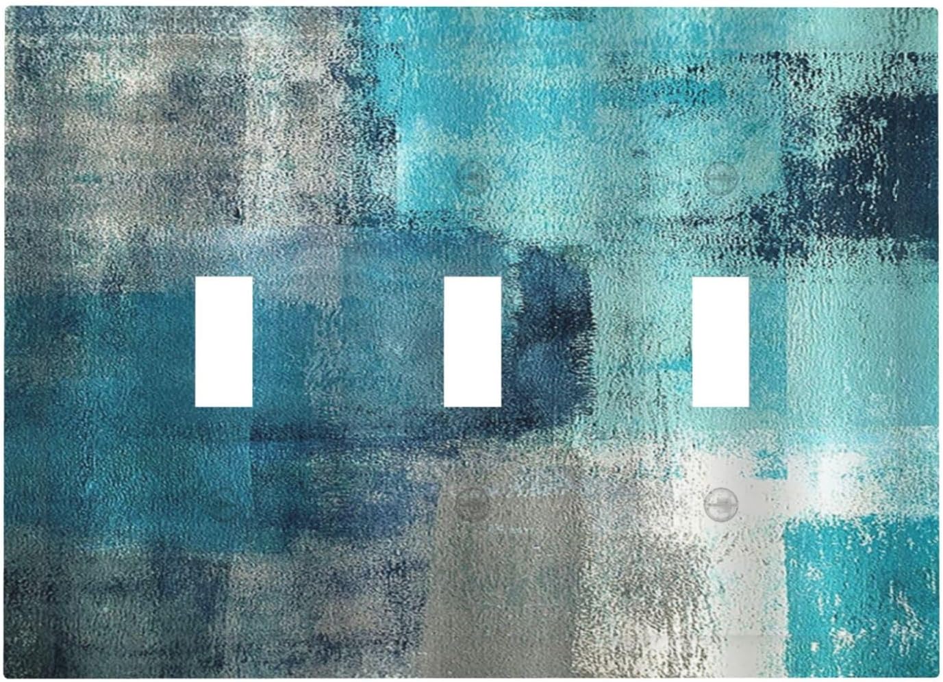 Decorative Switch Plates Teal Blue Modern Geometric Abstract Turquoise Green 3 Gang Wall Plate Triple Toggle Light Switch Cover Faceplate Electrical Wall Panels for living Room Bedroom