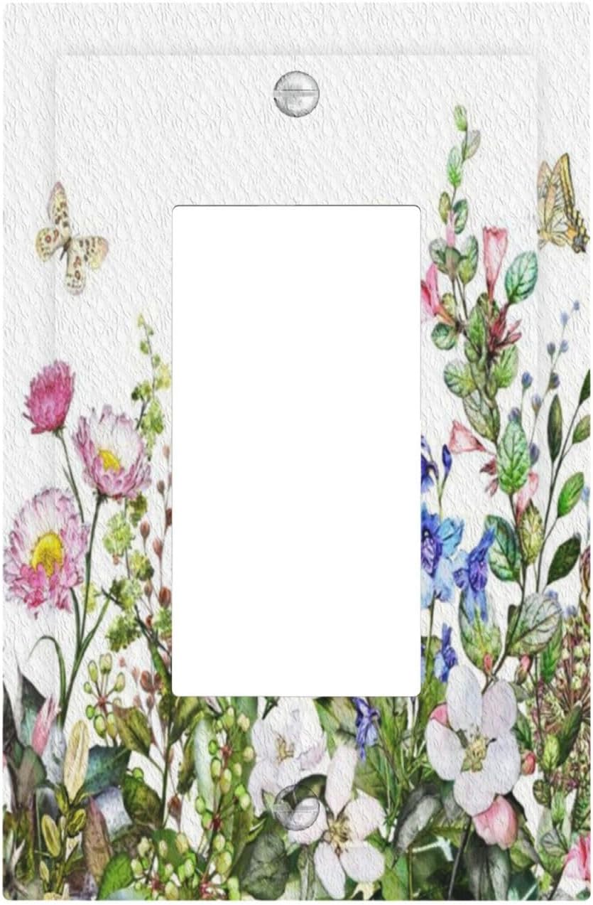 Boho Colorful Wildflowers Butterfly Green Plant Leaf 1 Gang Rocker Light Switch Covers Single Decora Outlet Wall Plate Decorative Switchplate Faceplate GFCI for Country Bathroom Bedroom Decor