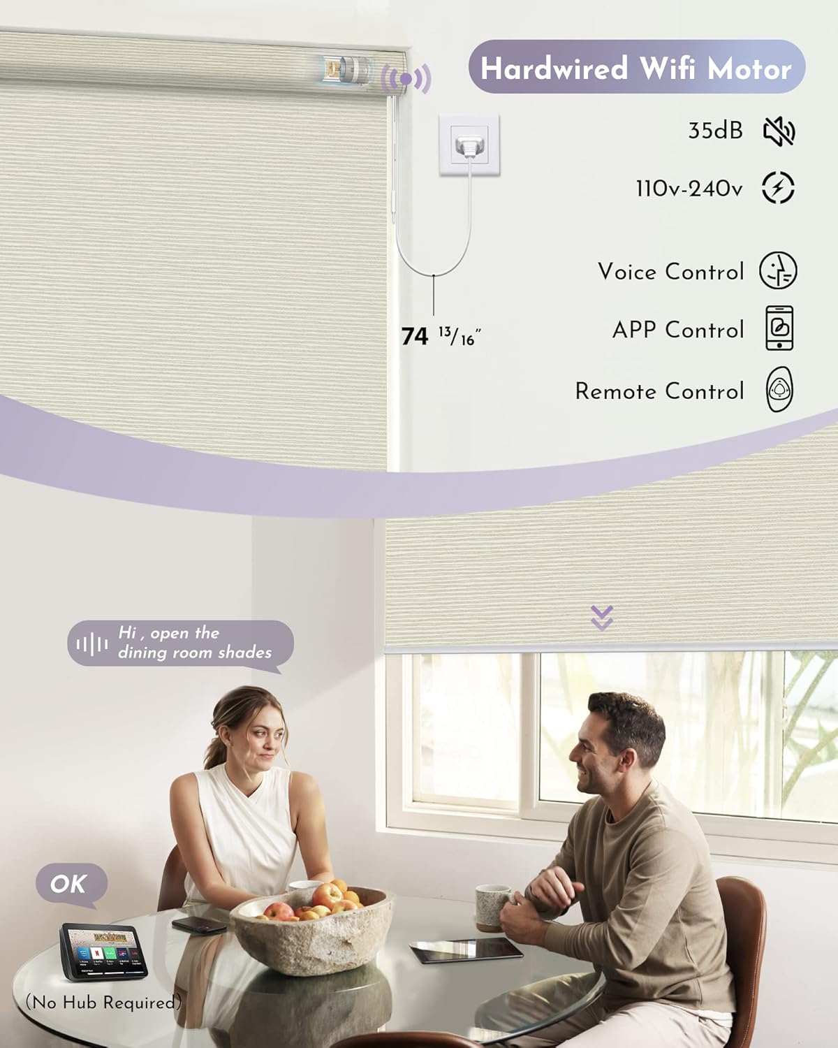 Graywind Smart Blackout Roller Shades Compatible with Alexa Google WiFi Hardwired Textured Gleaming Fabric Motorized Blinds Remote Window Shades, Custom Size (Striped Beige)