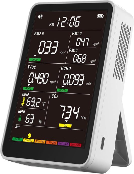 Professional Indoor Air Quality Monitor with AQI Beep Alarms, Portable Real-Time Detector for Home Cars Plants and Pets (White)