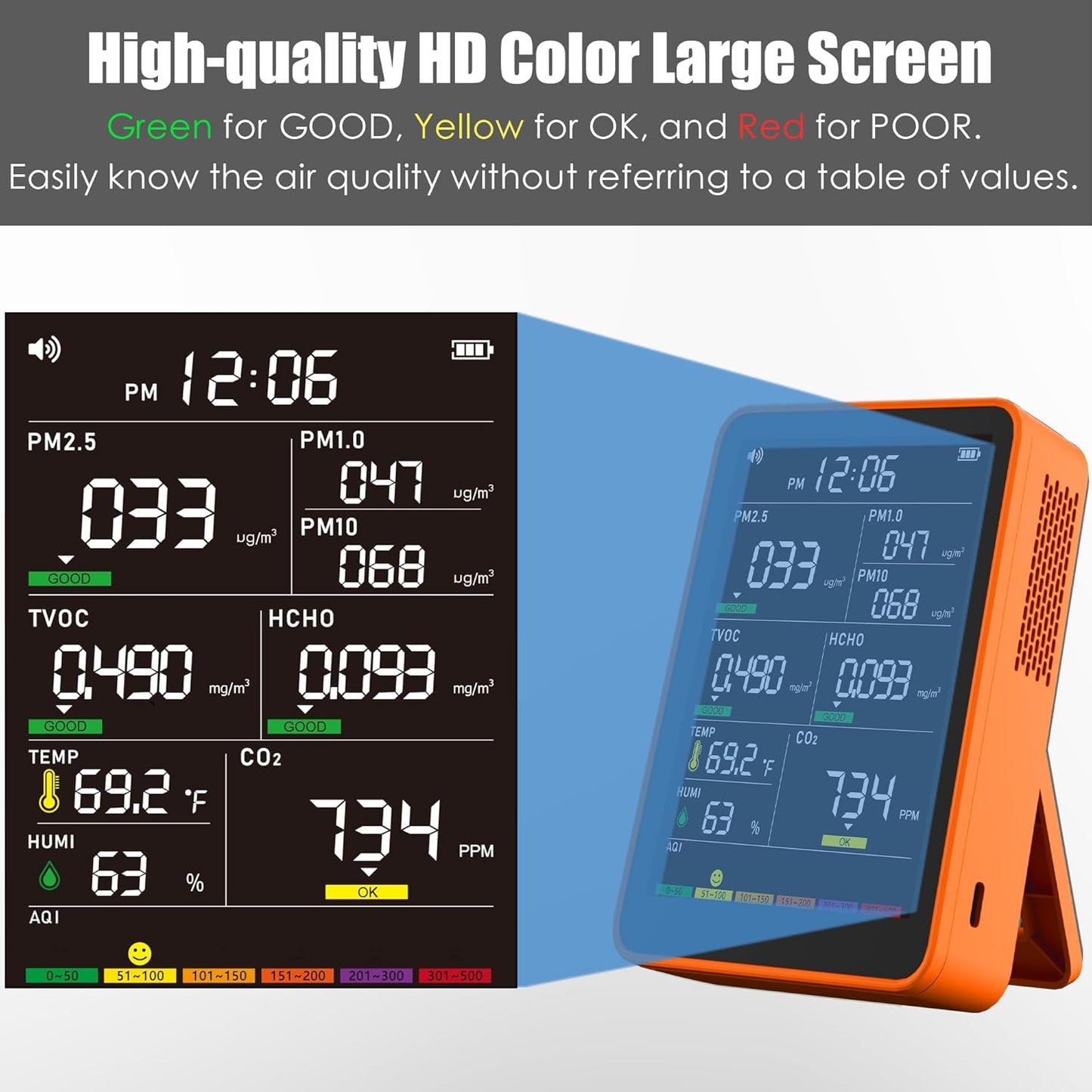 Professional Indoor Air Quality Monitor with AQI, Portable Real-Time Detector for Home Cars Plants and Pets (Orange)