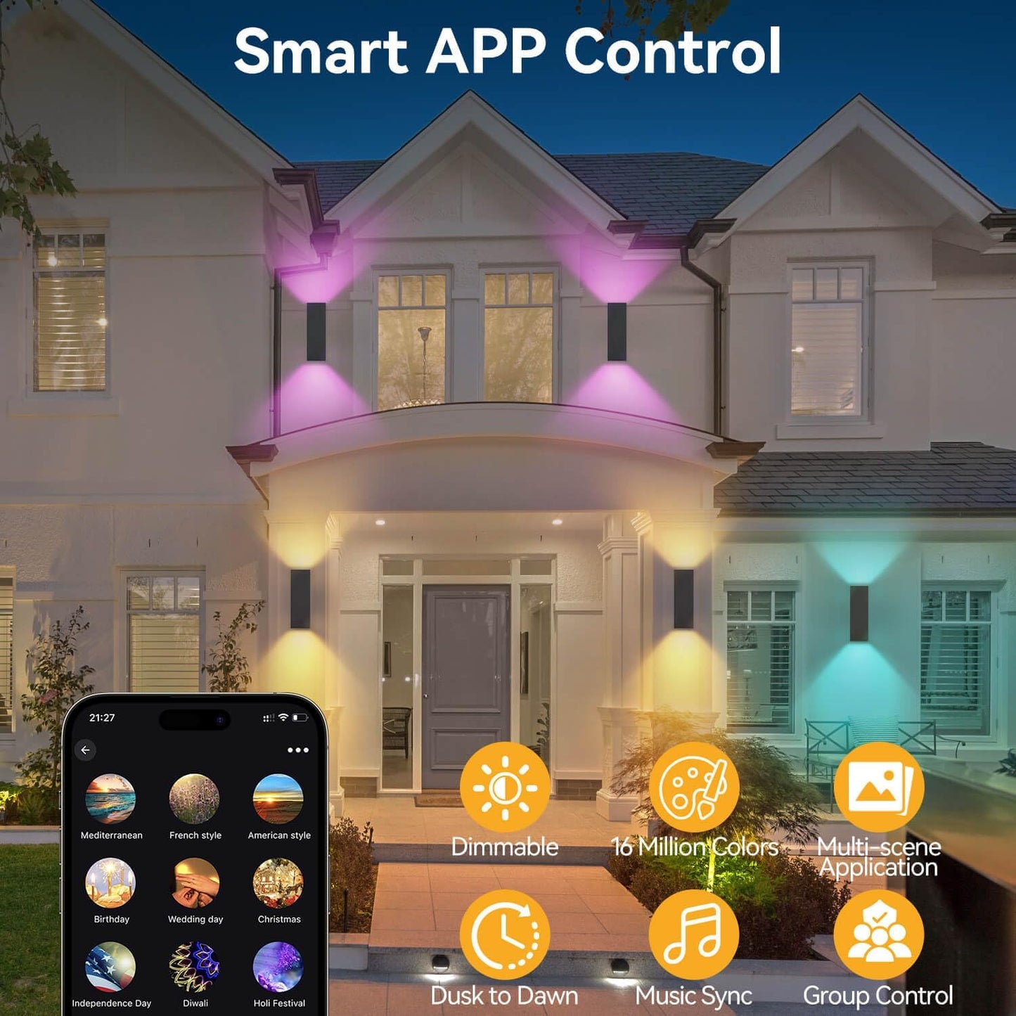 Outdoor Wall Lights, RGBCW Smart Porch Lights Modern Dusk to Dawn Outdoor Light Fixture Color Changing Light with Remote Control, Waterproof Sconce Compatible with Alexa Google Assistant
