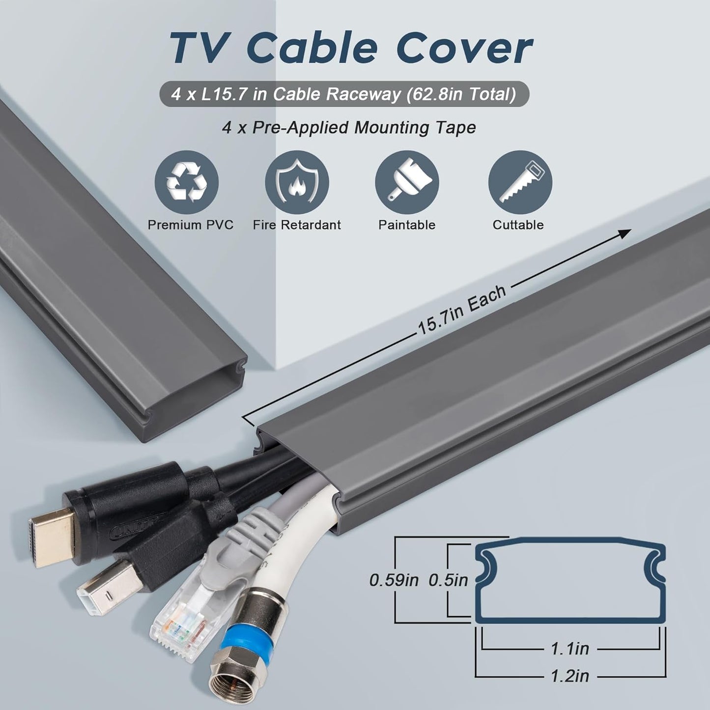 62.8in TV Cable Hider - Cord Hider Cable Management Wall, Cable Raceway Grey Wire Hider, Paintable Cable Concealer for Wall Mounted TV, Wall Wire Covers for Cords, 4* L15.7in *W1.2in *H0.59in