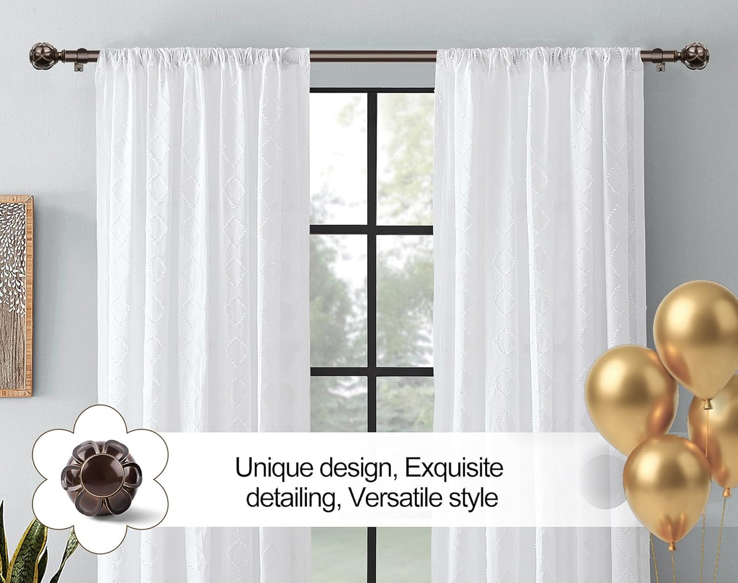 KAMANINA Curtain Rods for Windows 48 to 84 Inch, Antique Bronze Heavy Duty Curtain Rod Adjustable, 7/8 Inch Single Decorative Drapery Rod 32 to 86 Inch(2.6-7.1Ft), Netted Texture End