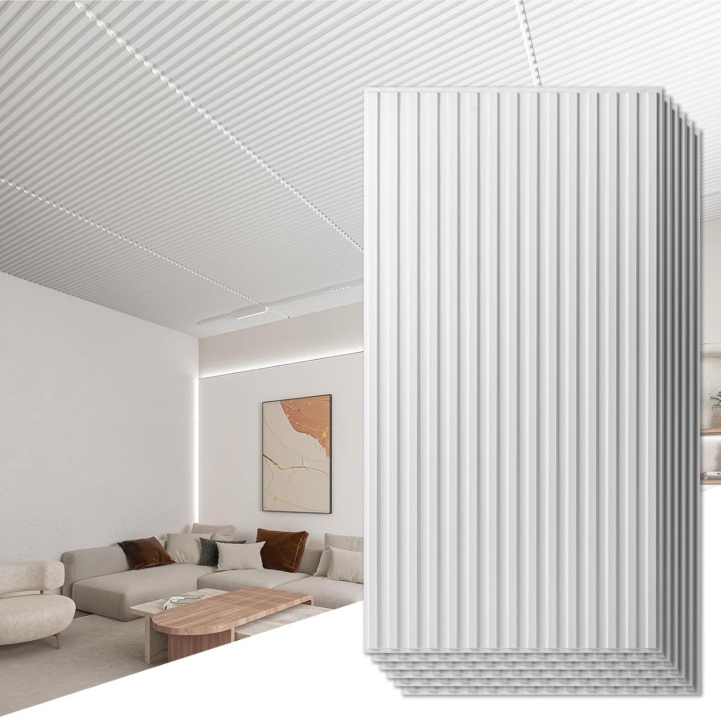 Art3d 12-Pack Slat Design 3D Wall Panels for Interior Wall Decor, 2x4 FT PVC Decorative Drop Ceiling Tiles - White