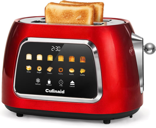Toaster 2 Slice Smart Touch Screen, Retro 1.5'' Extra Wide Slot Stainless Steel Digital Bread Toaster with Memory Function, Bagel, Defrost, 6 Browning Levels and Removable Crumb Tray, Red