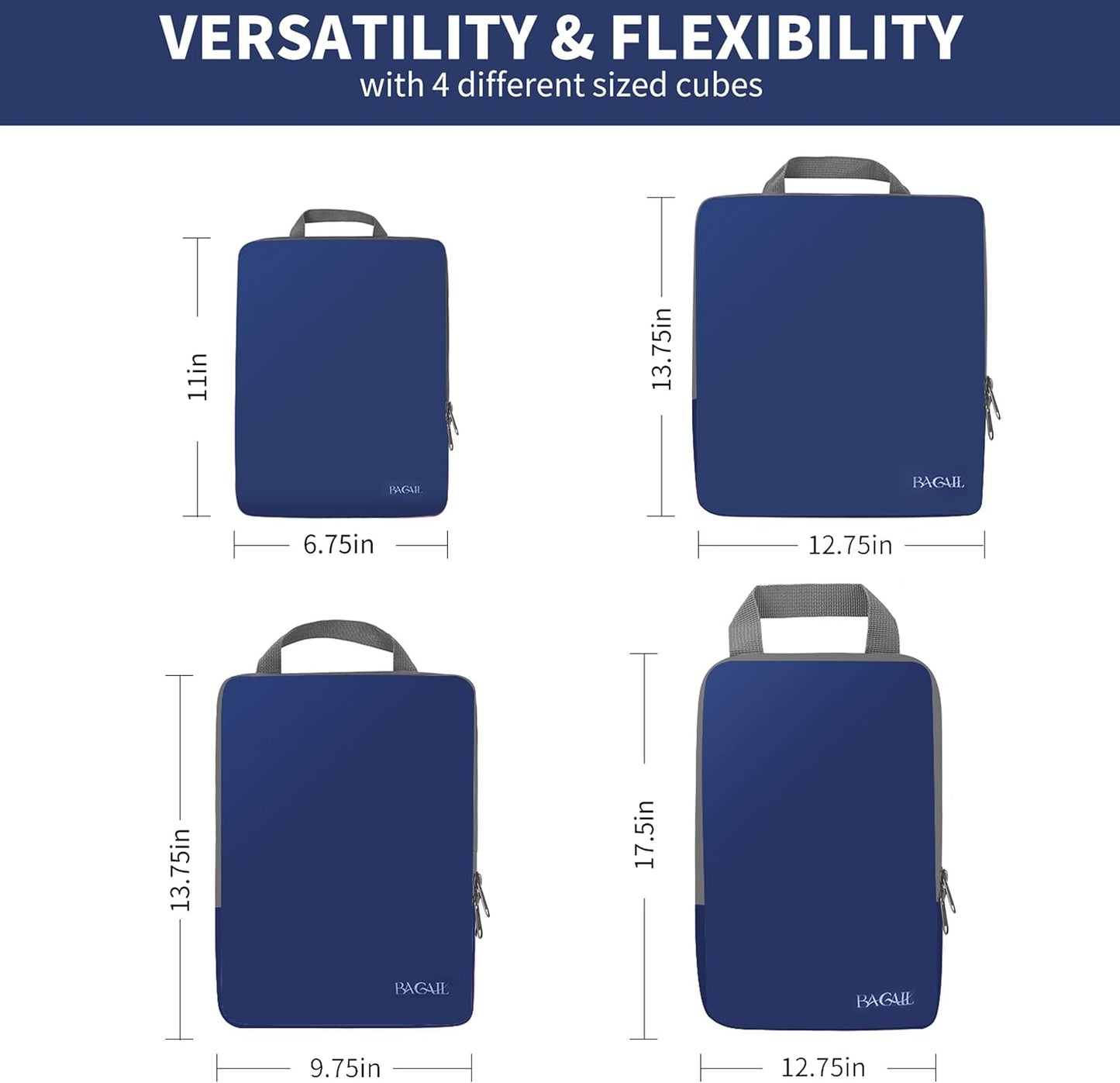 BAGAIL 4 Set/6 Set/8 Set Compression Packing Cubes Travel Accessories Expandable Packing Organizers (Cloth Pattern, 4-Navy)