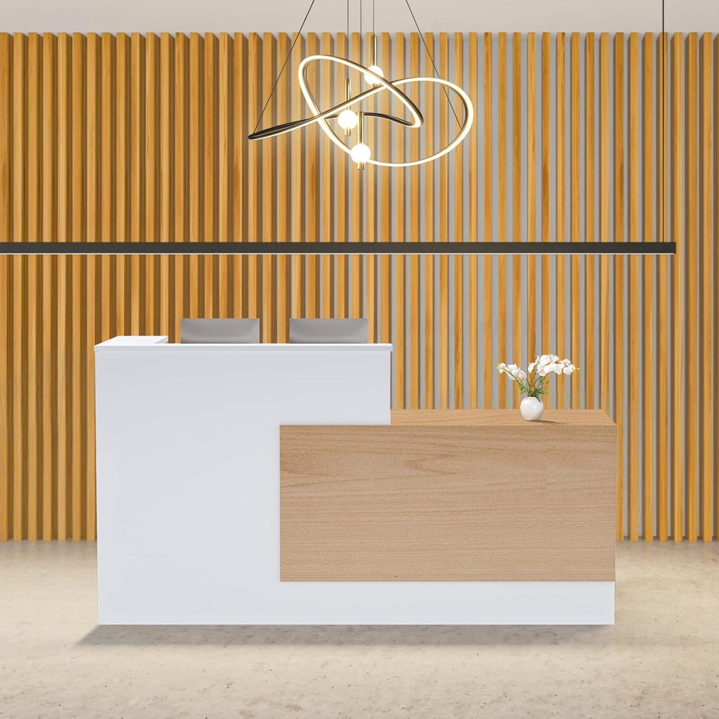 L-Shaped Modern Reception Desk with Counter & Storage - 71" Large Office Front Desk, Salon Checkout Counter with Lockable Cabinets, Shelves(Oak & White, Left - 71''L x 34''W x 41''H)