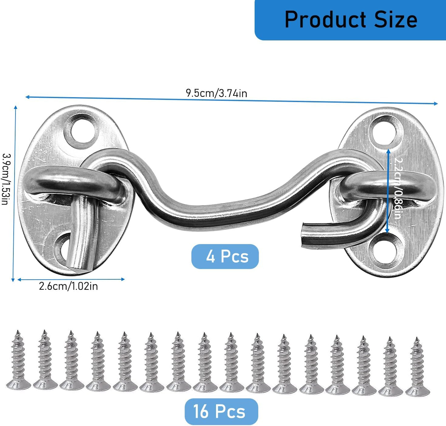 4 Pack 3" Hook and Eye Gate Latch, Stainless Steel Rust-Resistant Barn Door Lock Cabin Hooks for Gate Shutters Window Slide Barn Shed Cabinet Bathroom, with 16pcs Screw,Silver