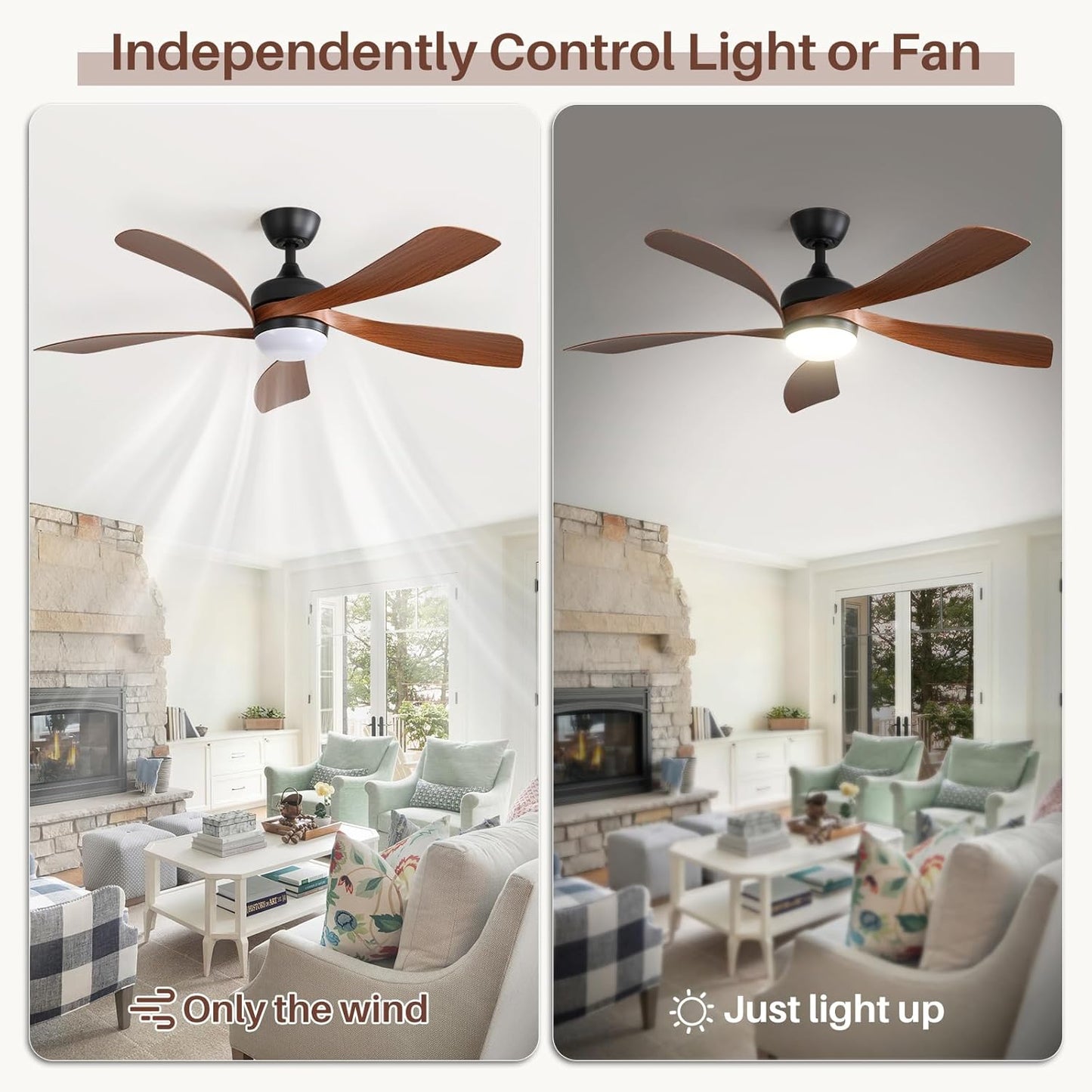 Sofucor 52 Inch Ceiling Fans with Lights and Remote, Outdoor Ceiling Fan with Light 6-Speed 3 CCT 3-Timer, Low Profile Ceiling Fan 5 Blade Reversible DC Motor for Living Room Bedroom Patio