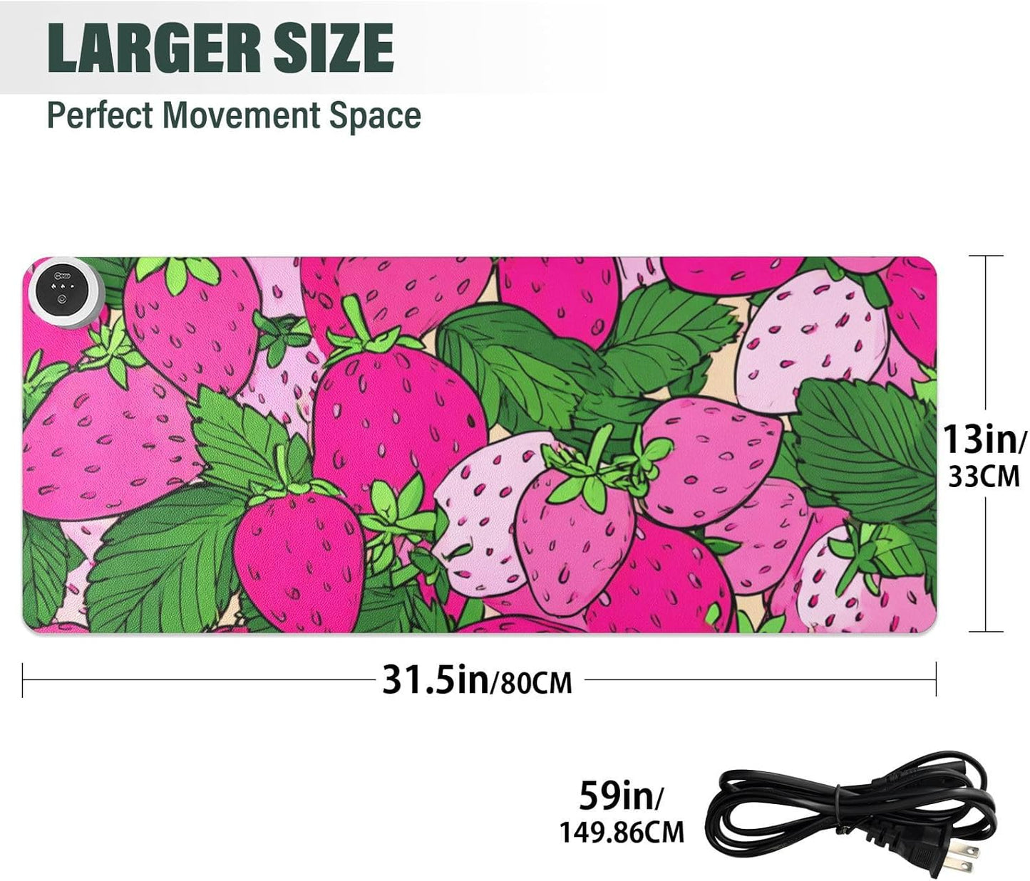 Heated Desk Pad Mouse Pad 31.5x13 Inch PU Leather Desk Mat with 3 Heat Levels Large Mouse Gaming Computer Laptop Mat Pink Cute Strawberries