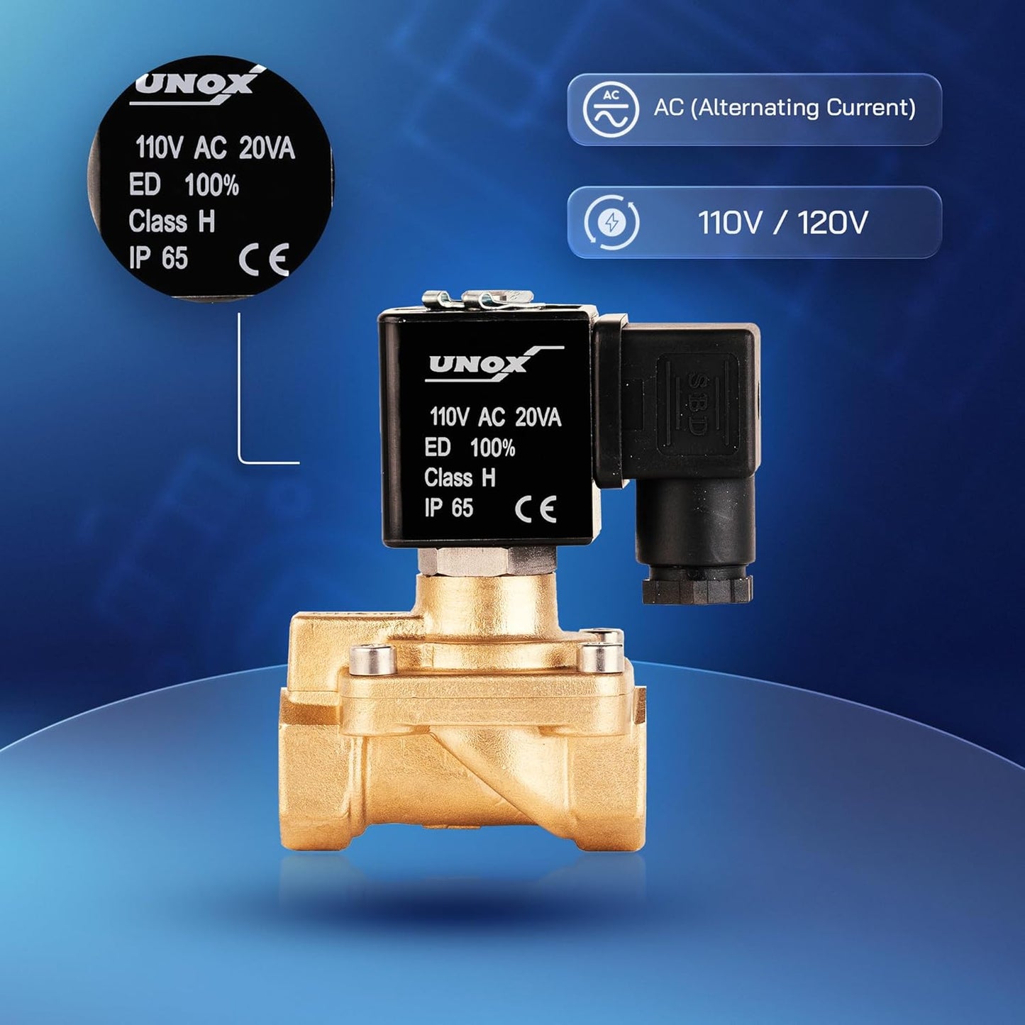 UNOX 3/8" NPT Solenoid Valve 110V AC, Brass Control Valve Normally Closed - 7-232 PSI Multi-Purpose Reliable Control Valve for Water and Air - Solenoid Valves