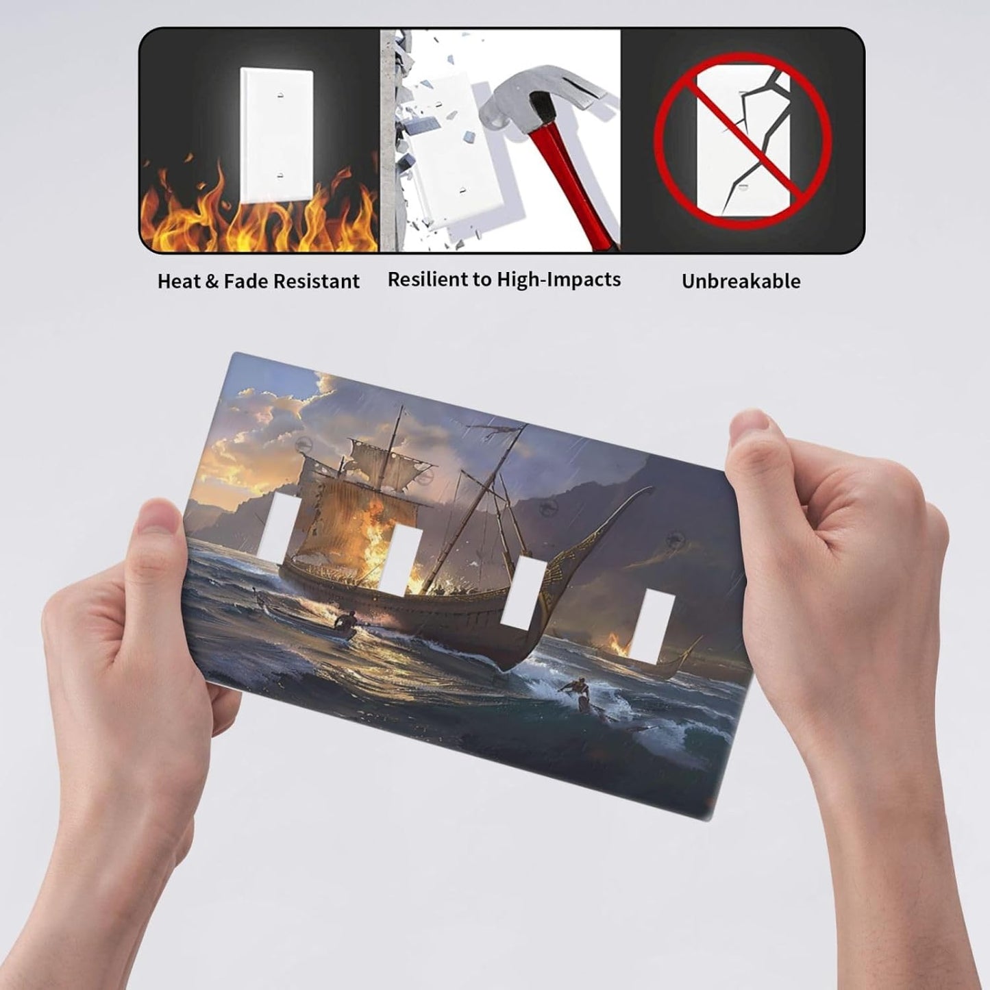 Light Switch Cover Plate Medieval Vintage Sailing Adventure Sailings Ocean Waves 4 Gang Quad Toggle Wall Plate Electrical Outlet Cover Decorative Switch Plate Covers for Bedroom Cabin Decor