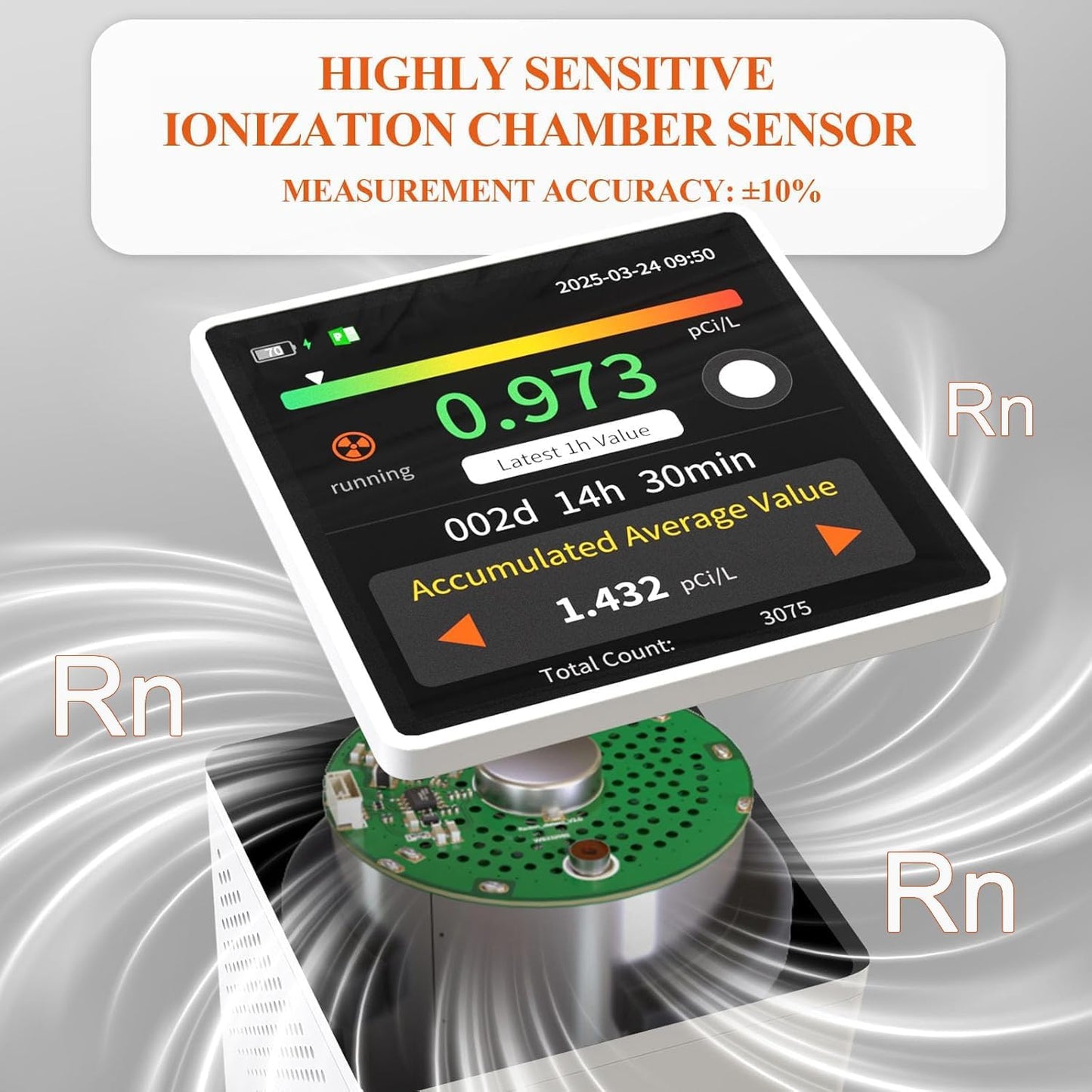RM-73 Radon Detector, Home Radon Monitor with Touchscreen LCD Color Display, Radon Detector for Home Basement Audible & Visual Alarms, Historical Records, Long Term Monitoring Detector, pCi/L or Bq/m³