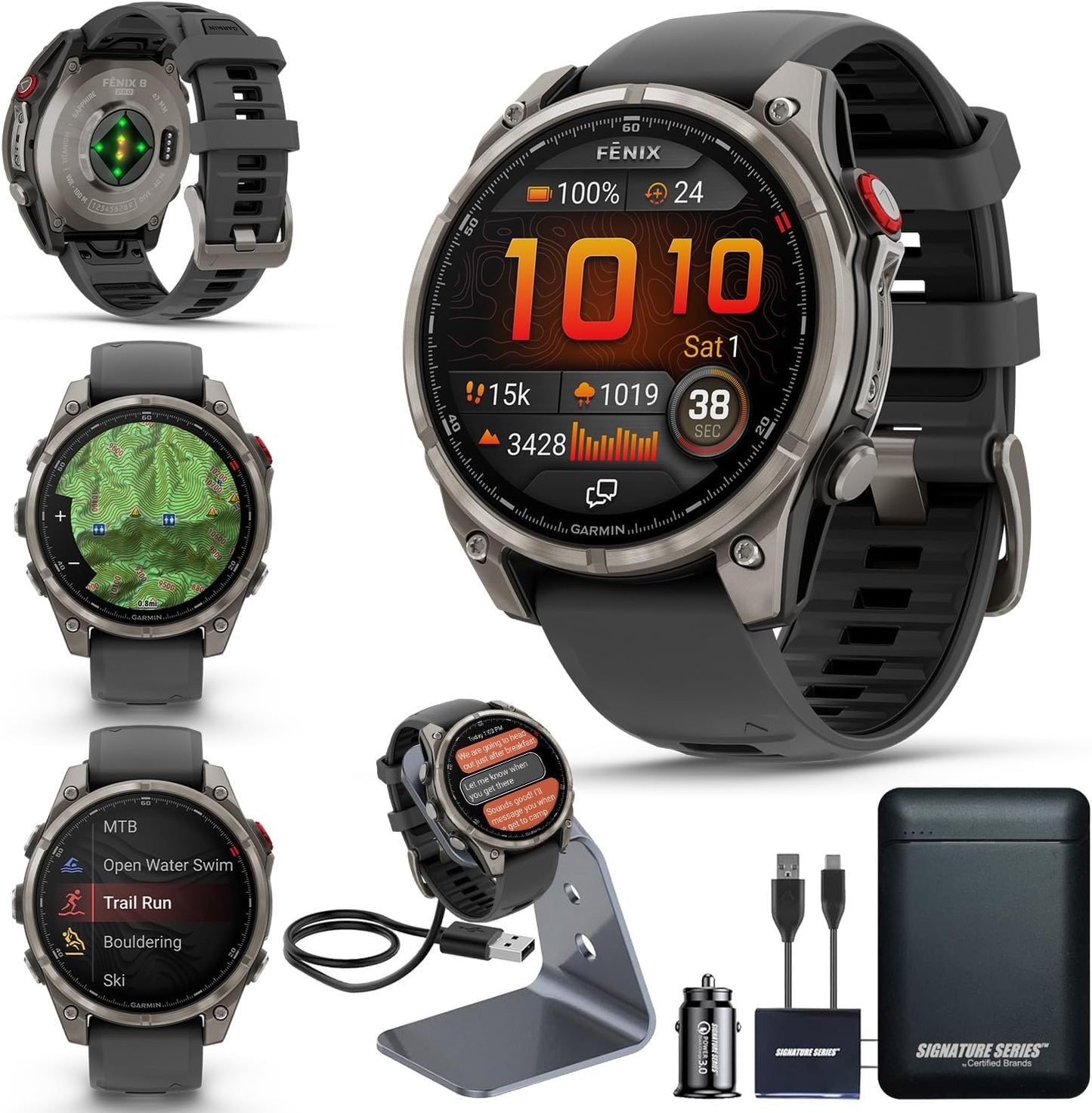 Garmin Fenix 8 Pro, 47mm, AMOLED Display, Premium Multisport GPS Smartwatch, inReach Technology for Emergency Survival, Health Tracking | Titanium/Graphite, Signature Series Power Bundle