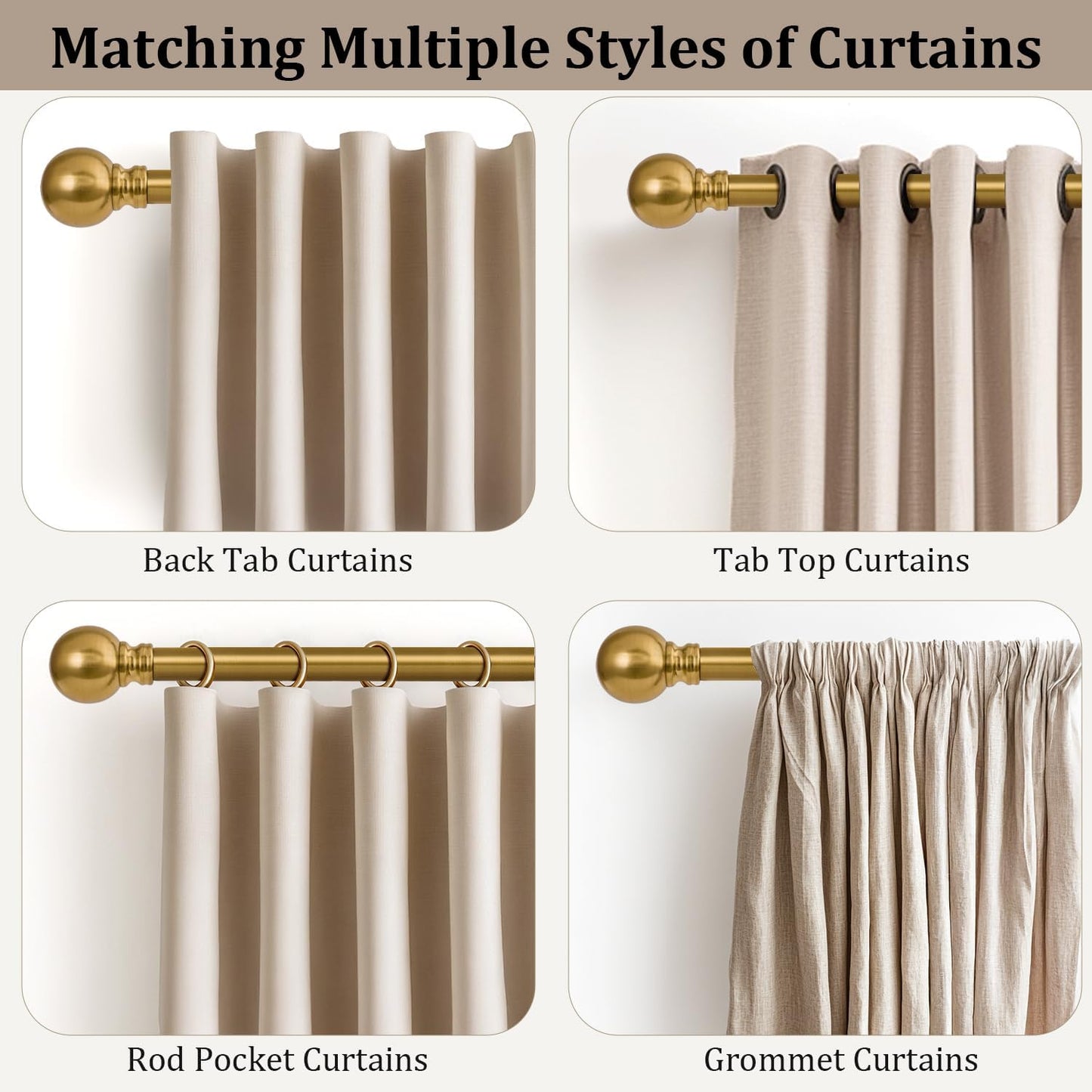Modern Gold Curtain Rods for Windows 72 to 144 Inch 1" Diameter Adjustable Heavy Duty Brass Long Window Curtain Rod with Metal Finials for Living Room Bedroom Farmhouse Kitchen Outdoor