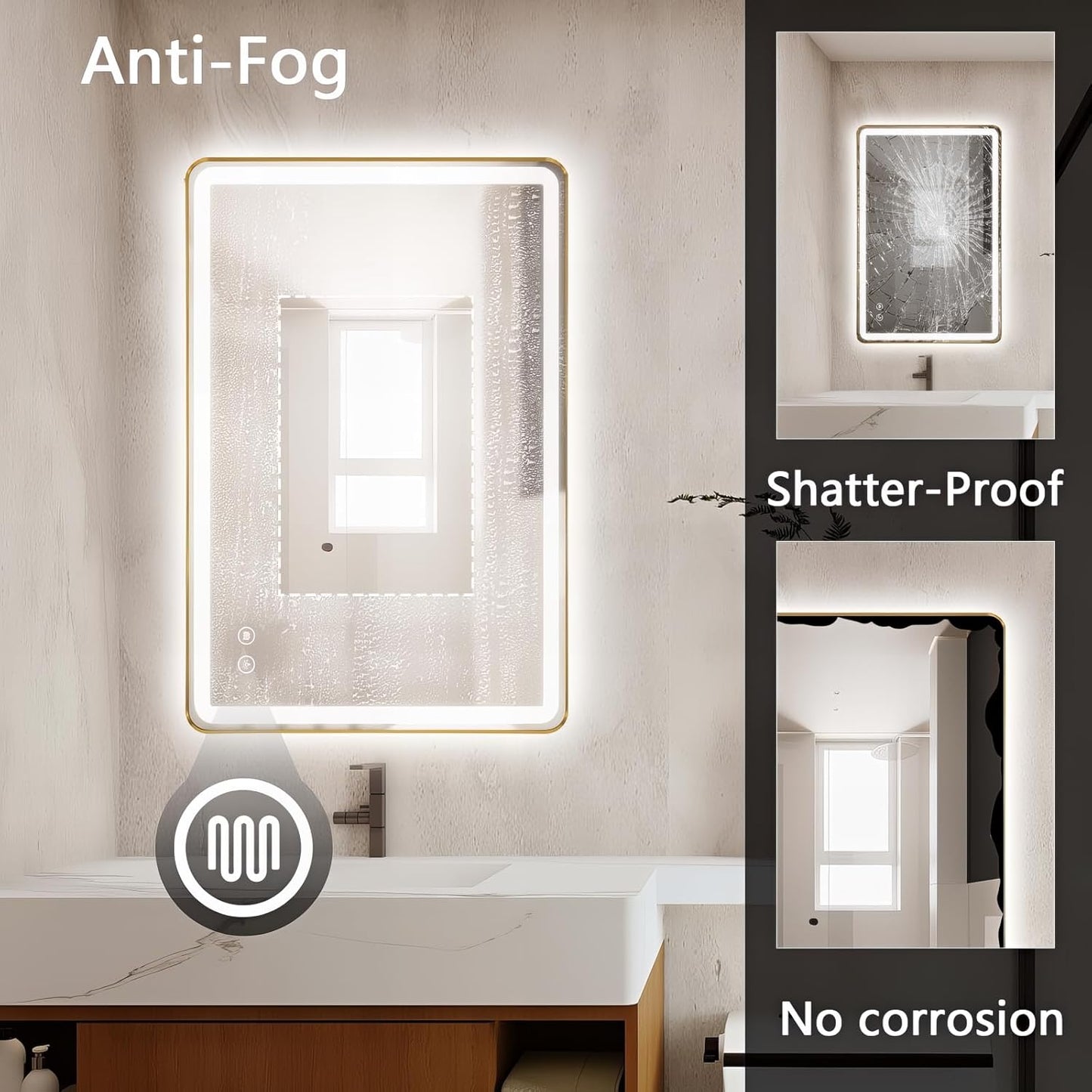 Rectangle LED Bathroom Mirror, 36"x28" Anti-Fog Double Touch Lighted Wall Vanity Mirror 45° Beveled Metal Frame Stepless Adjustable Color Temperature Smart Mirror 3000K-6000K, Gold