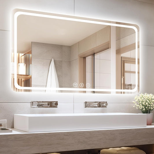 Led Bathroom Mirror with Lights, Anti-Fog & Tri-Color Lighting - Wall Mounted Shaving Mirror with Touch Sensor, Waterproof Smart LED Vanity Mirror Tempered Glass Dimmable 55" L x 36" W